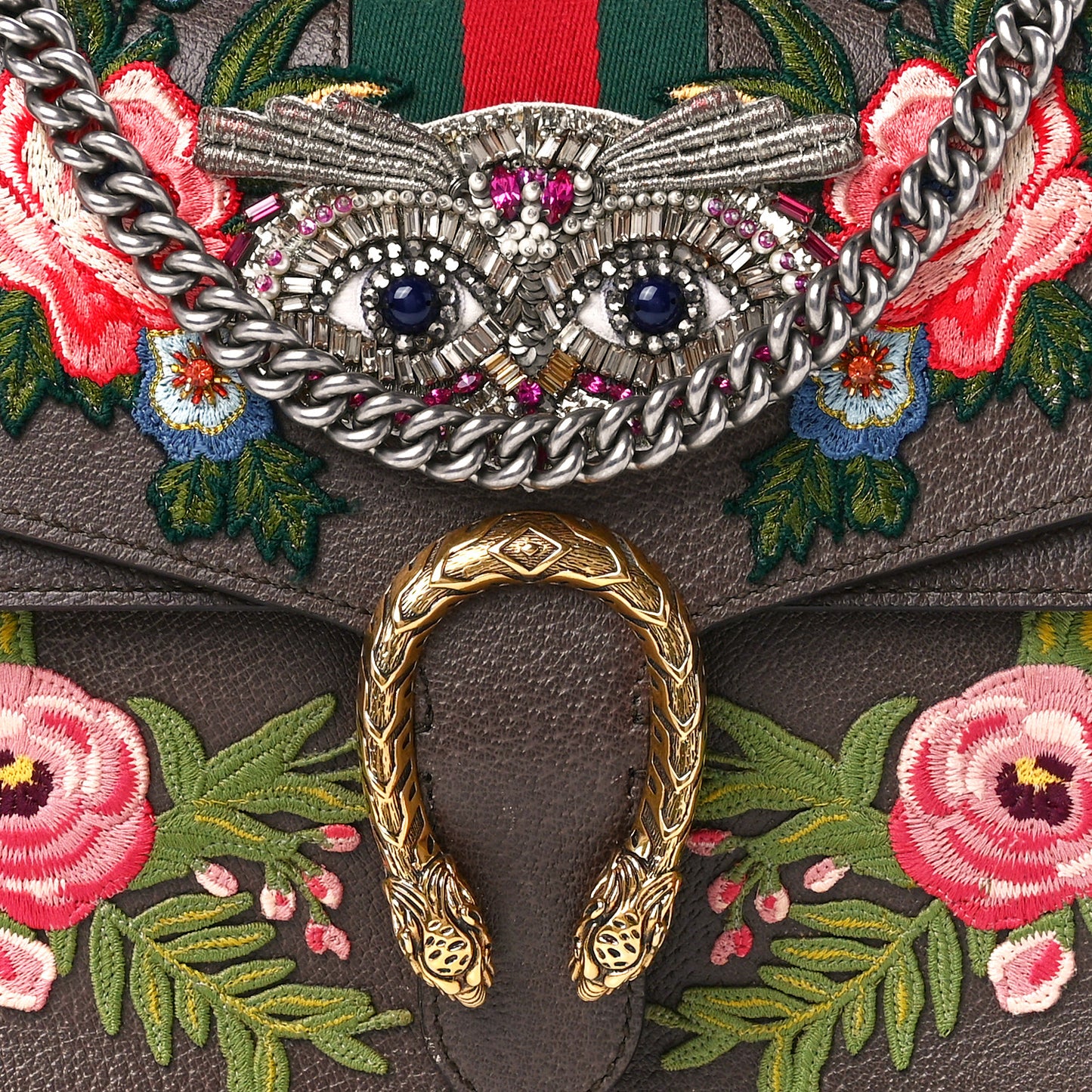 Calfskin Web Owl Embroidered Medium Dionysus Shoulder Bag New Acero Multicolor
