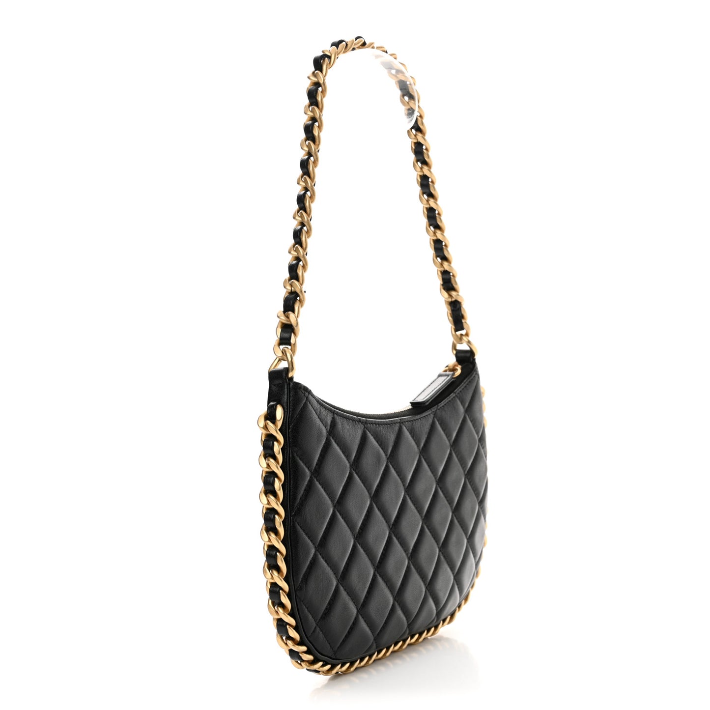 Shiny Crumpled Lambskin Quilted Trendy Chain Around Hobo Black