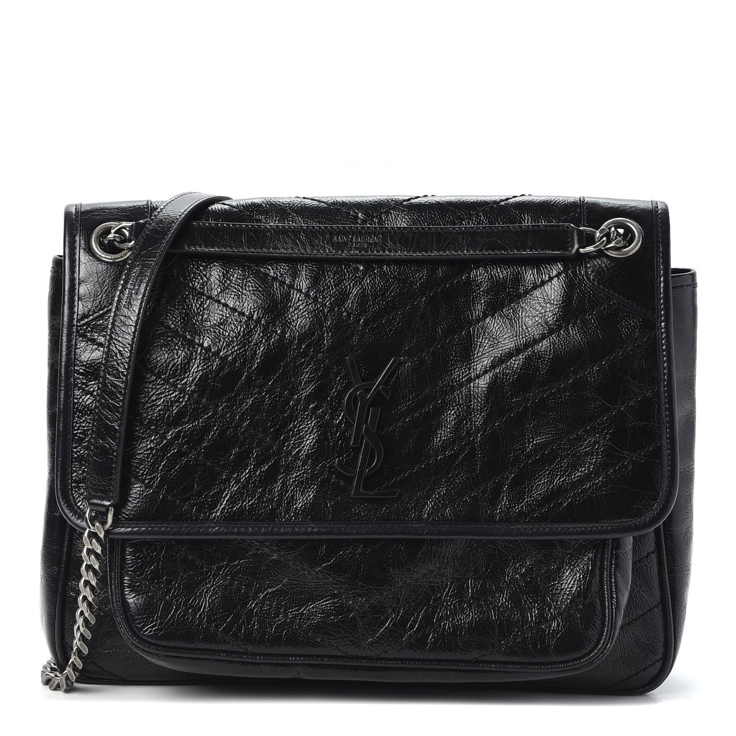 Crinkled Calfskin Matelasse Monogram Large Niki Chain Satchel Black