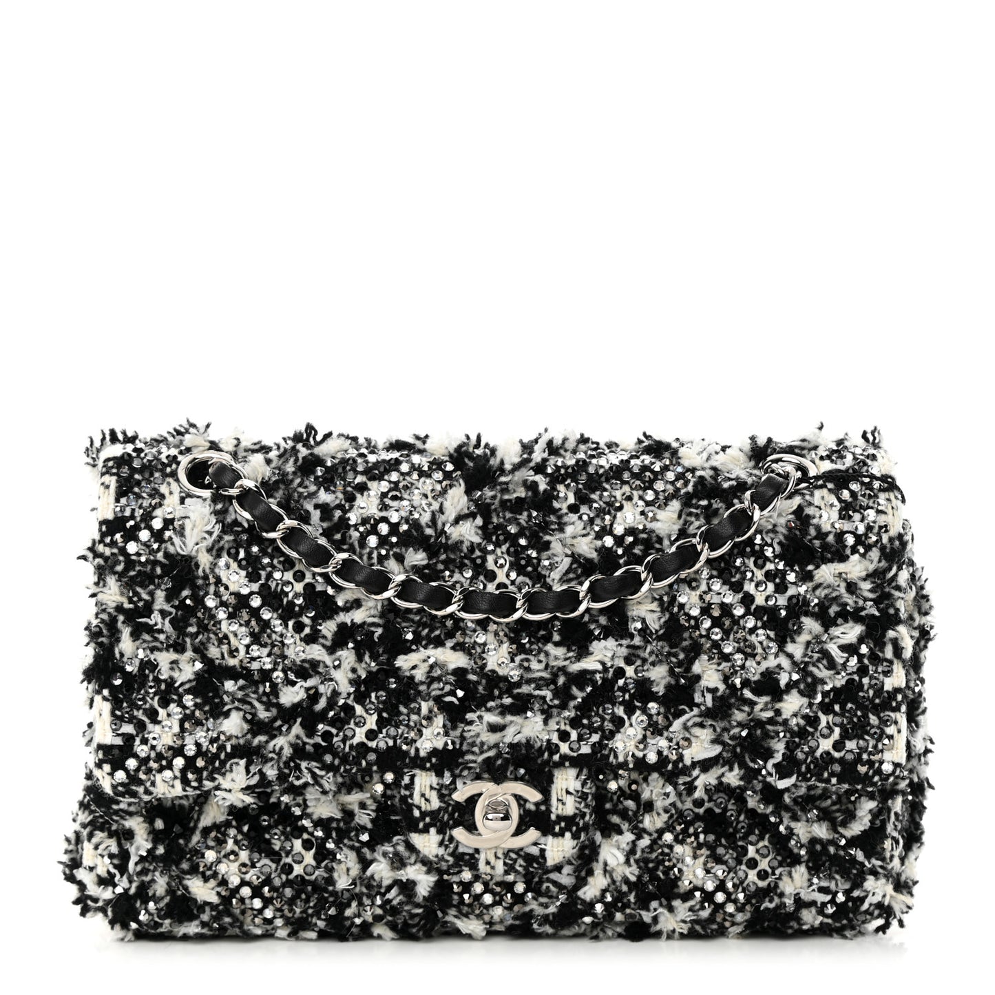 Crystal Tweed Quilted Medium Double Flap Black Ecru White