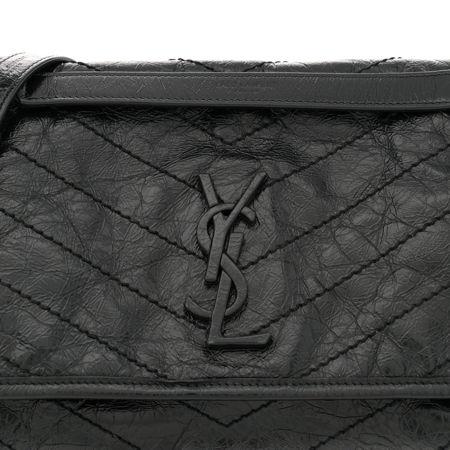 Crinkled Calfskin Matelasse Monogram Medium Niki Chain Satchel Black