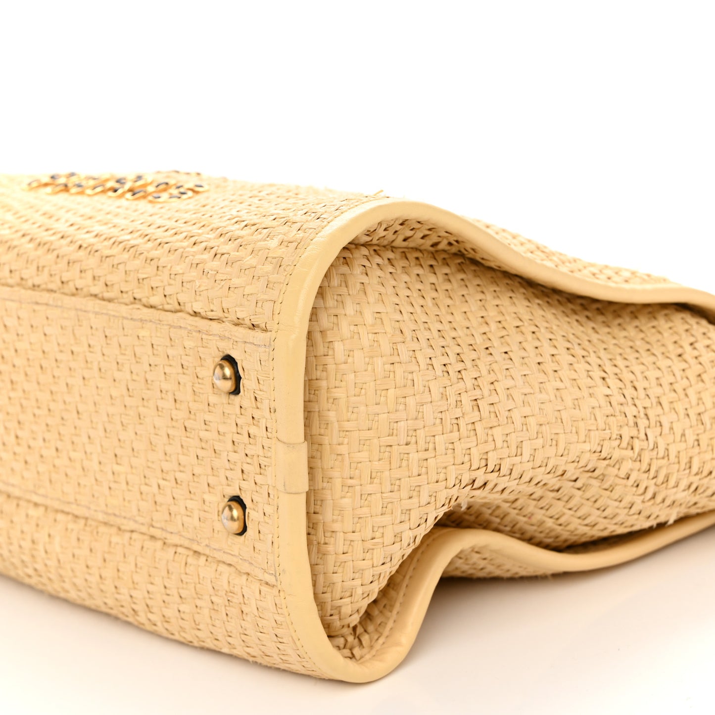 Straw Raffia Calfskin Chain Small Deauville Tote Beige Black