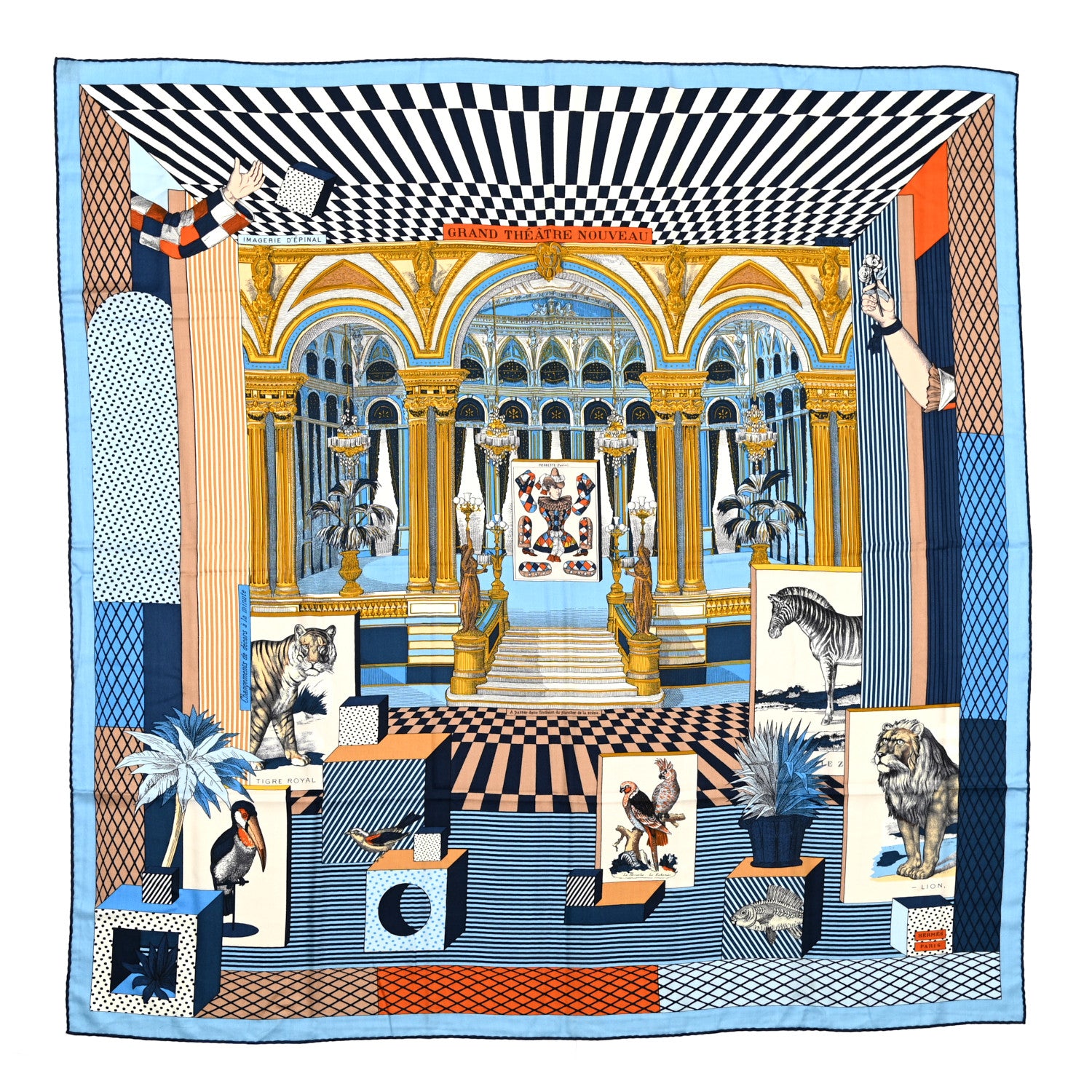 Hermes Cashmere Silk Grand Theatre Nouveau Shawl 140 Bleu Gold