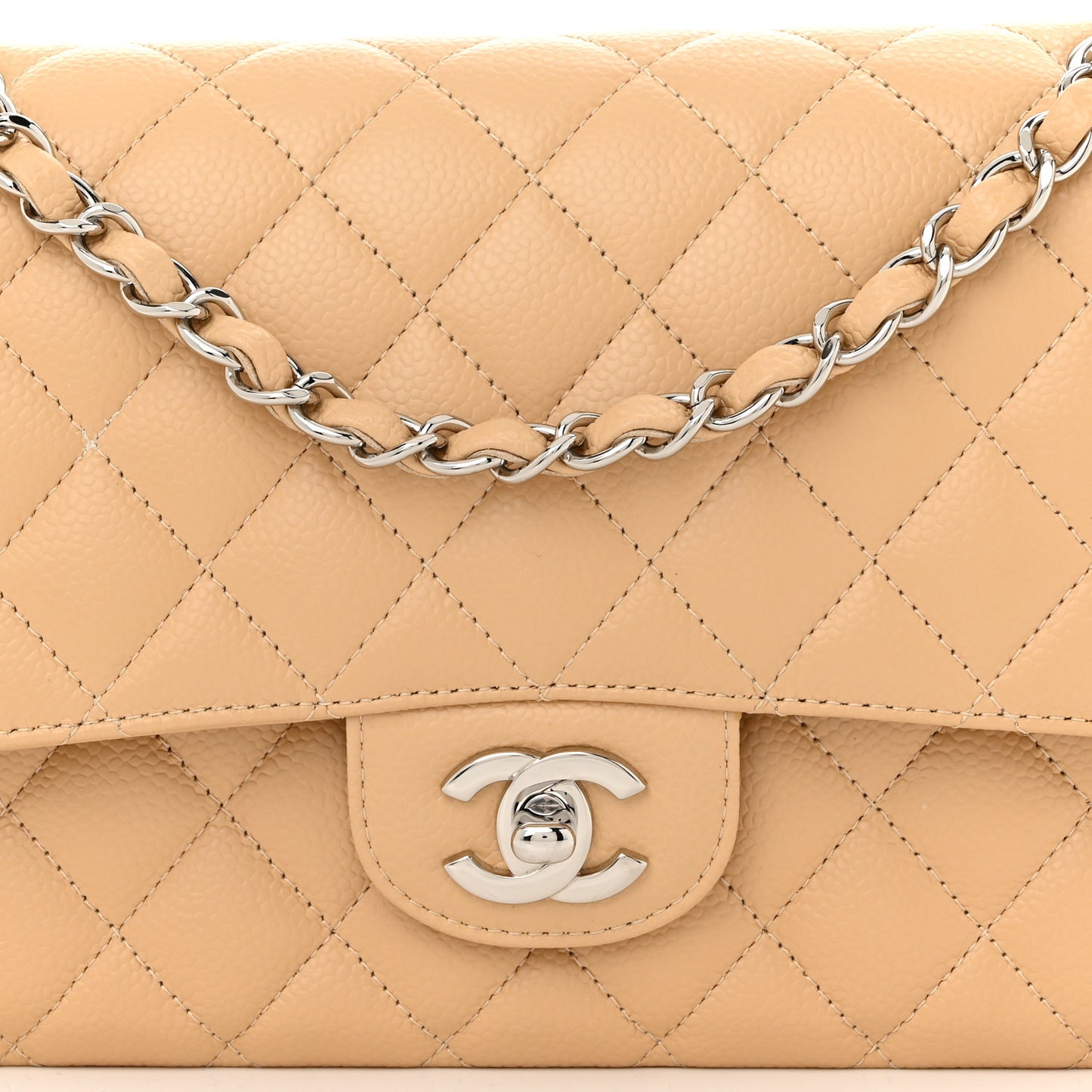 Caviar Quilted Medium Double Flap Beige