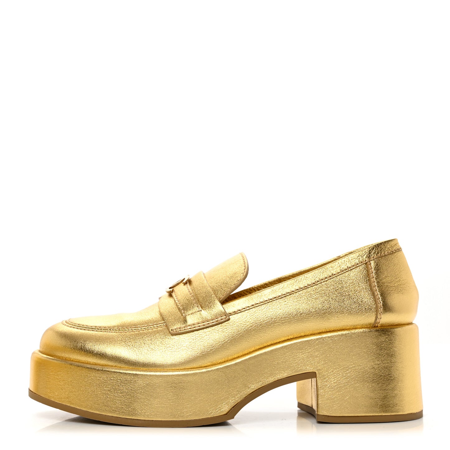 Laminated Calfskin CC Platform Loafers 38.5 Golden