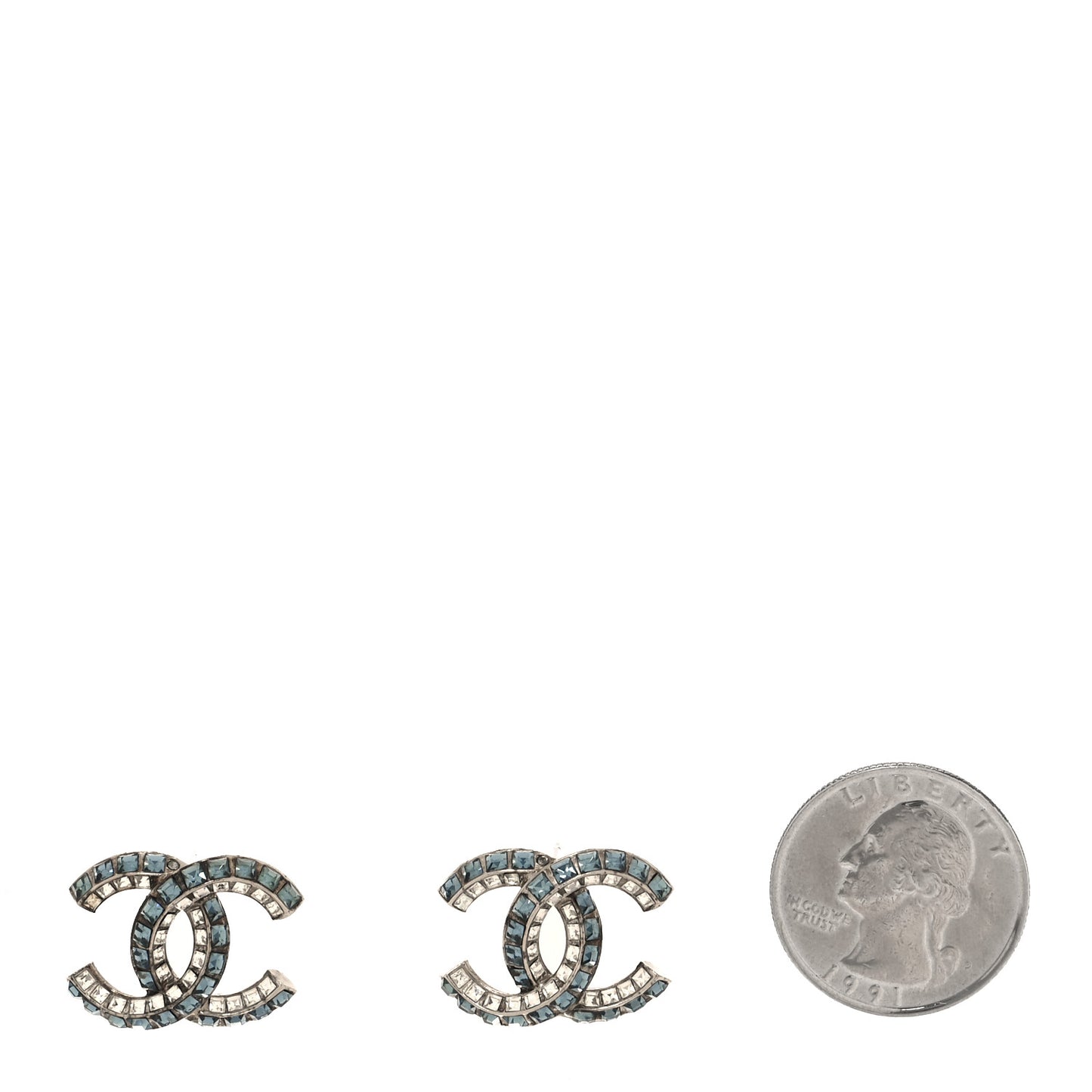 Metal Baguette Crystal CC Earrings Silver Blue