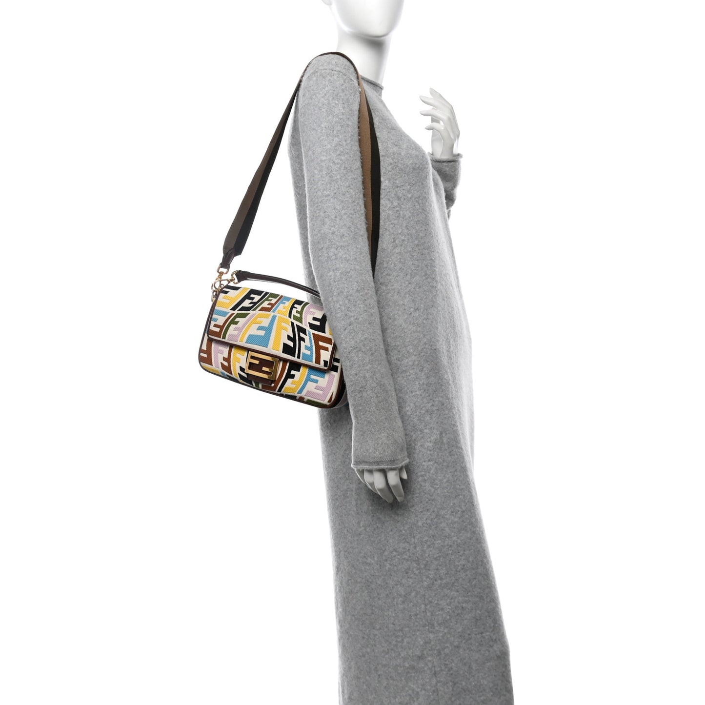 X SARA COLEMAN Canvas Vitello King Seta FF Fish Eye Embroidered Baguette Grezzo Multicolor Ghianda