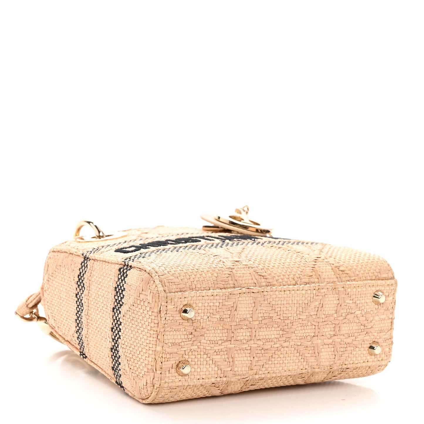 Raffia Woven Cannage Embroidered Mini Lady D-Lite Natural Black