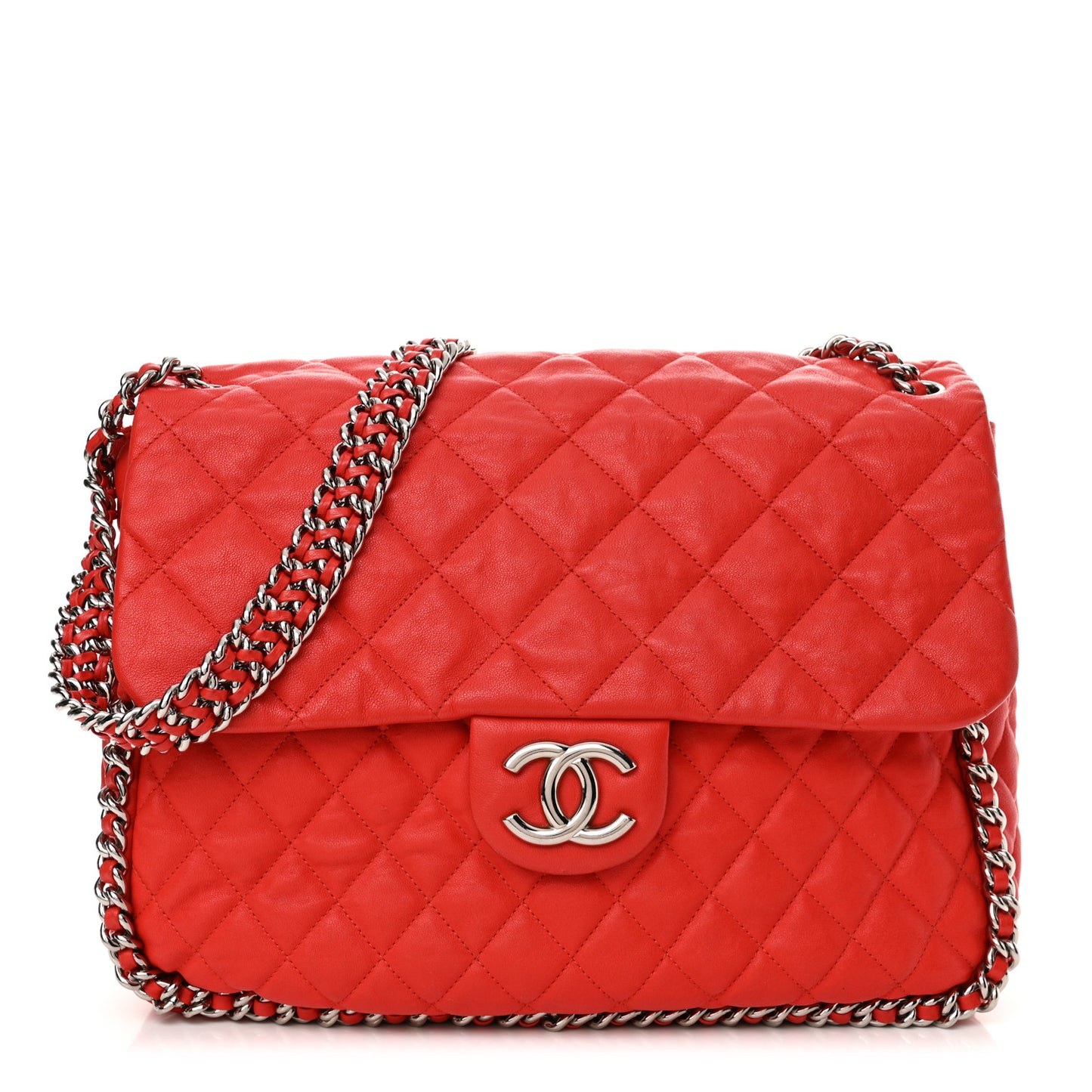 Washed Lambskin Quilted Maxi Chain Around Flap Red