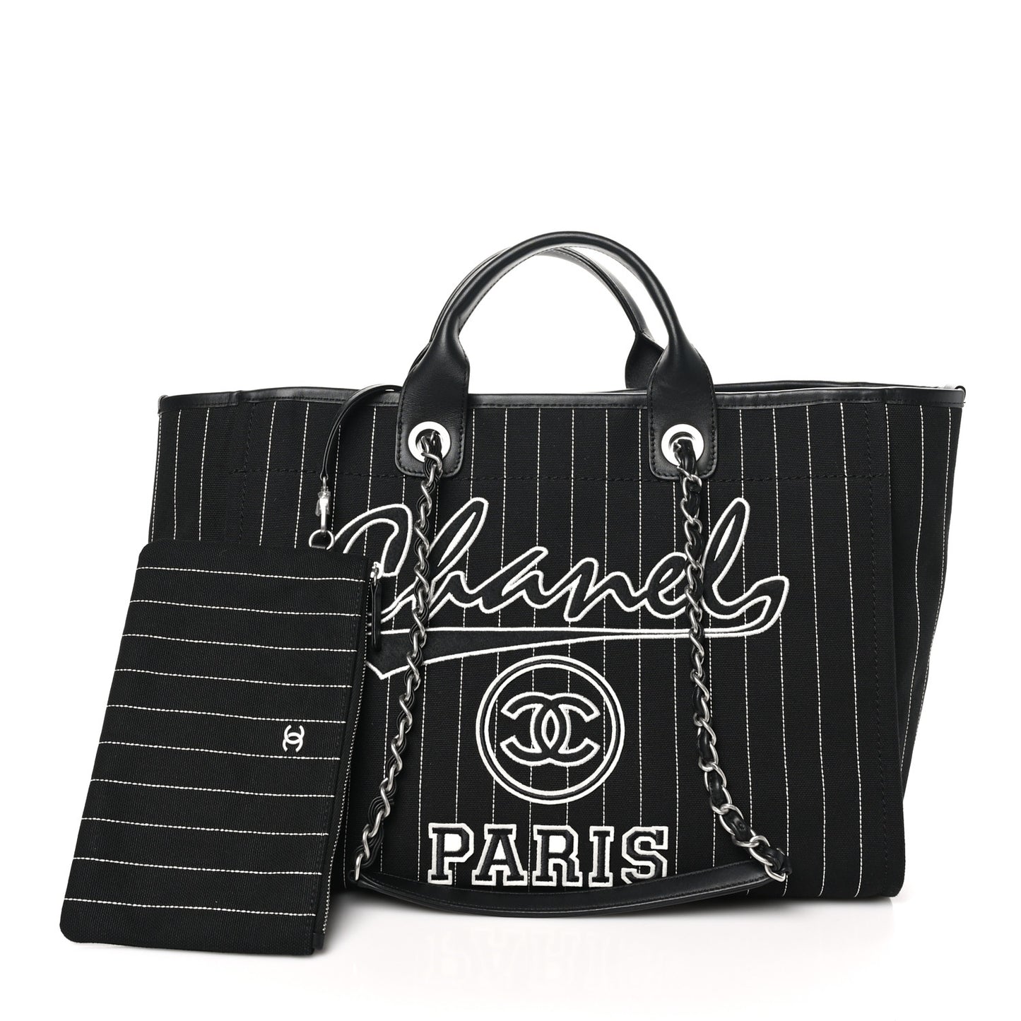Canvas Calfskin Striped Medium Deauville Tote Black White