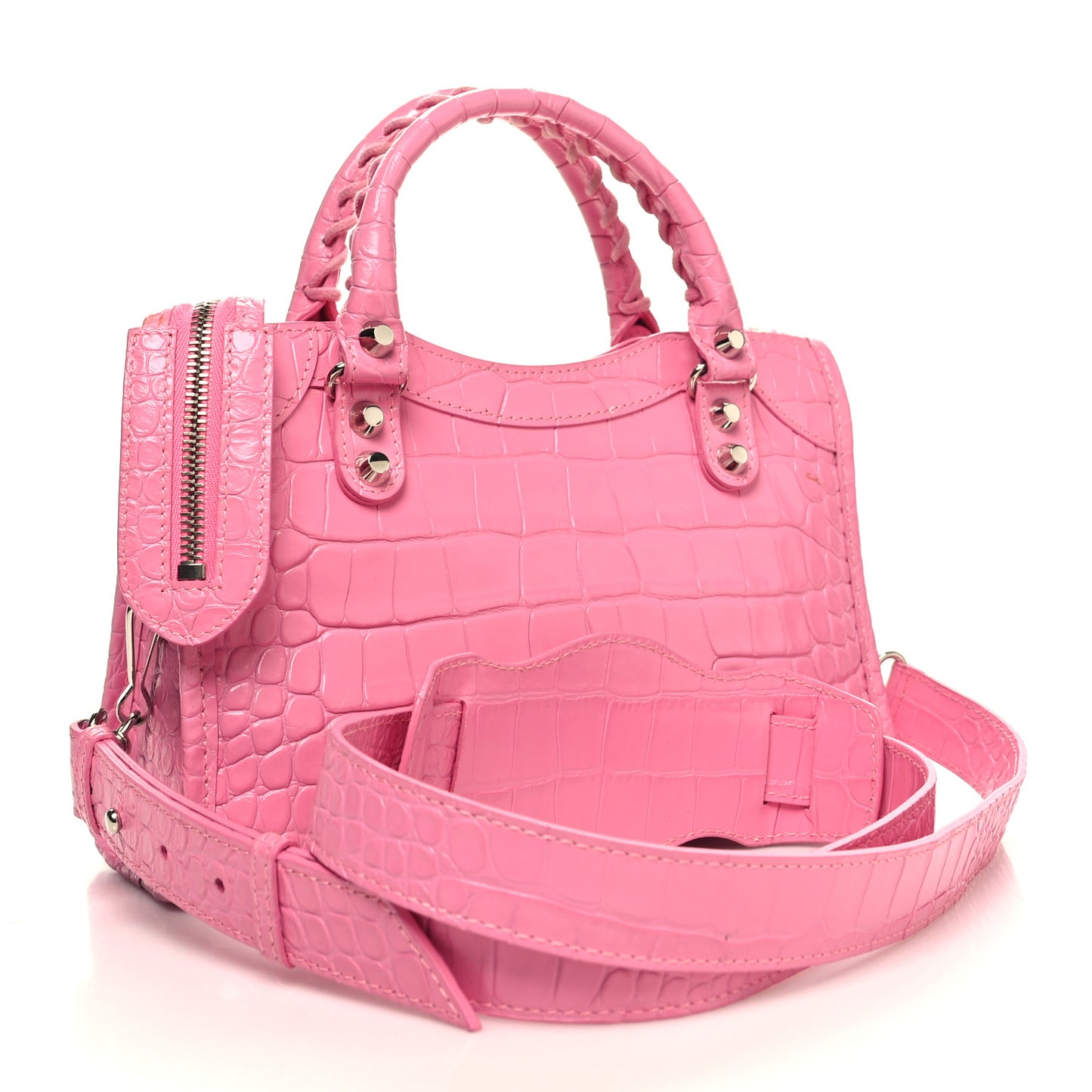 Shiny Supple Calfskin Crocodile Embossed Classic Silver Hardware Mini City Baby Pink