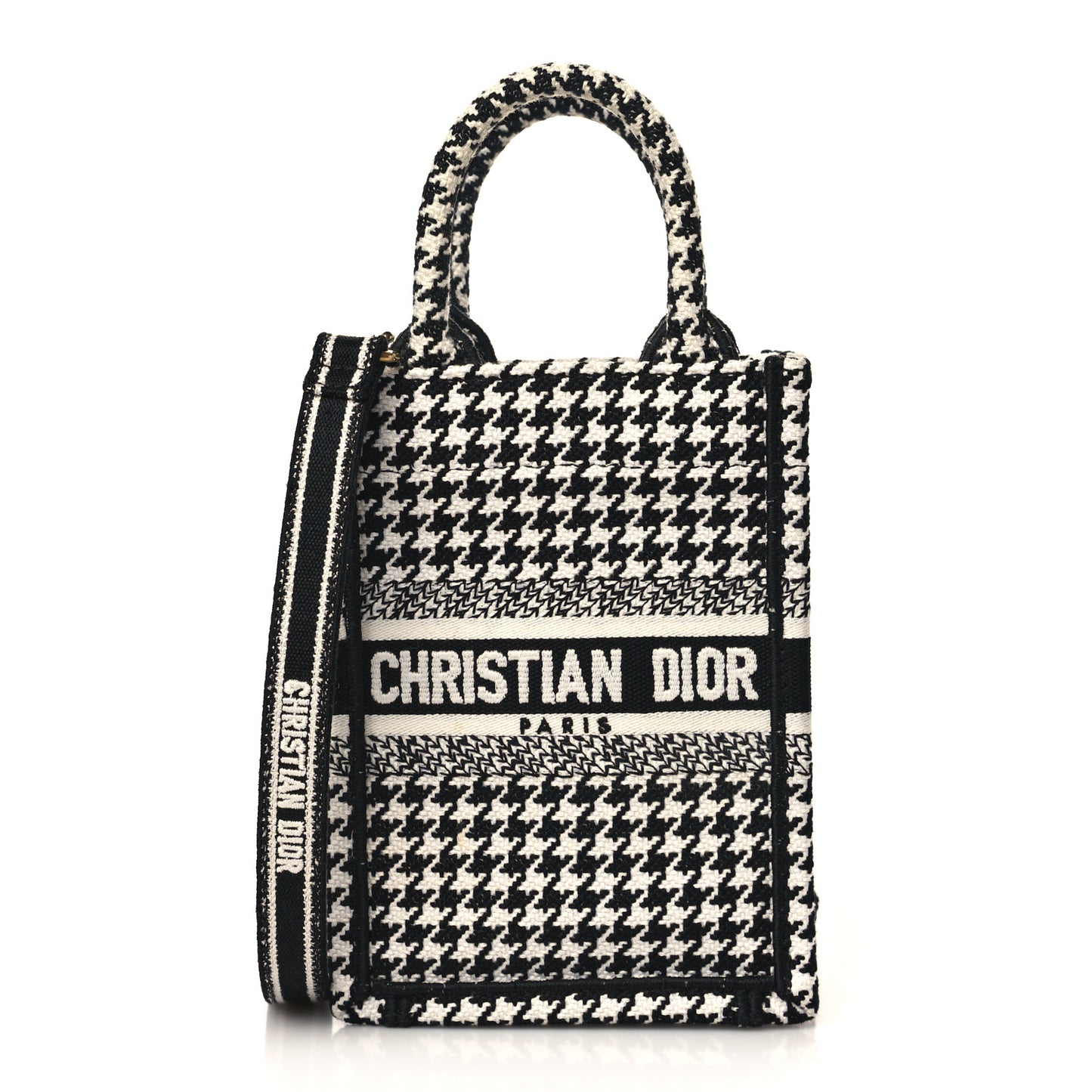 Canvas Houndstooth Embroidered Mini Book Tote Phone Bag Black White