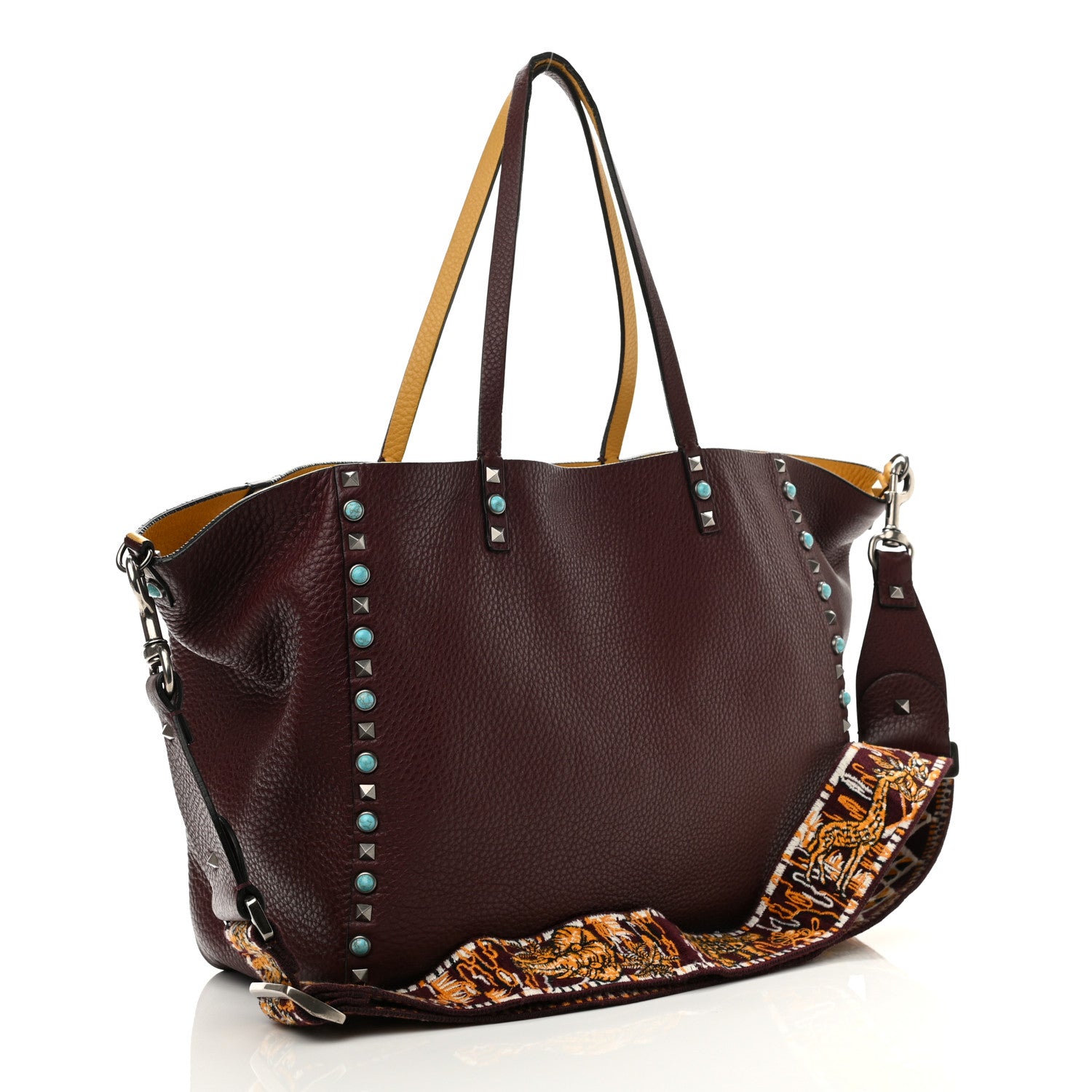 Valentino Garavani Stampa Alce Calfskin Medium Guitar Strap Rockstud Rolling Reversible Tote Wine Yellow 4 of 18