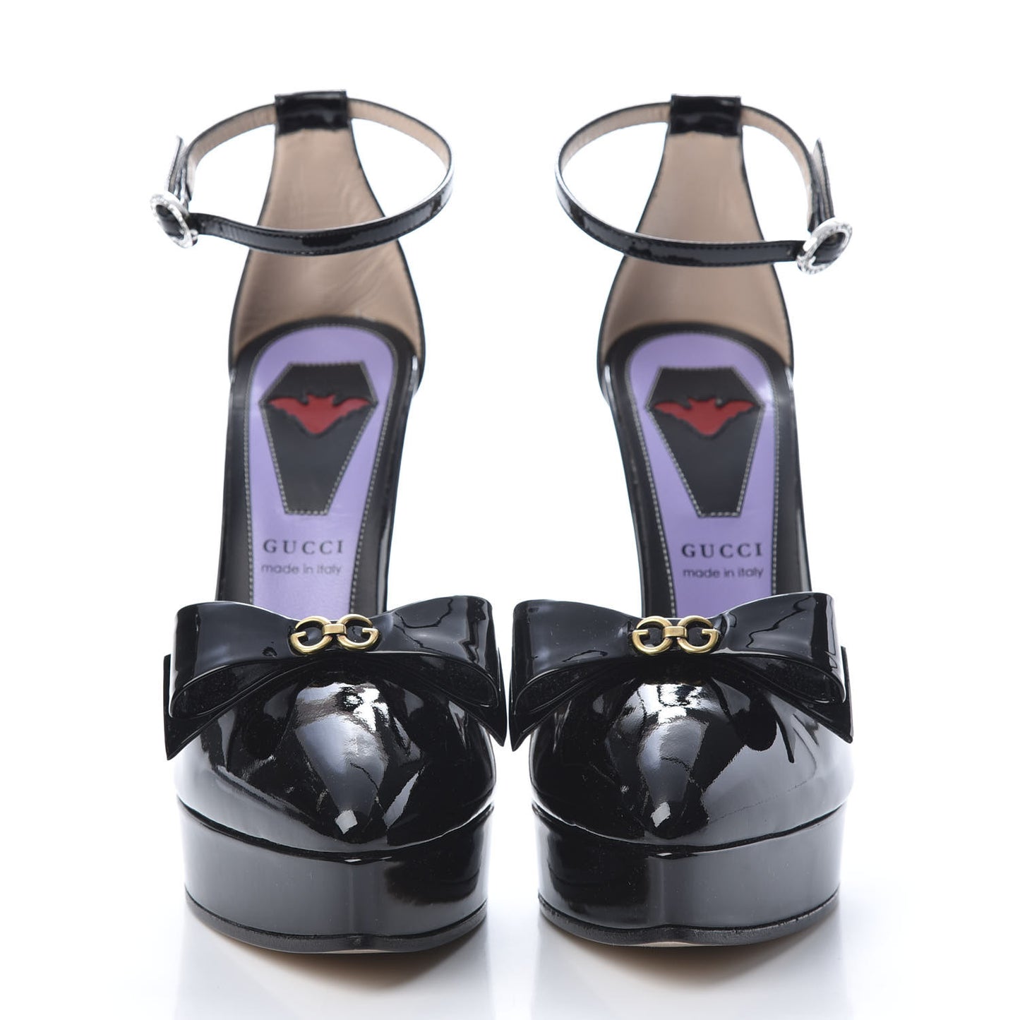 Patent Crystal GG Bow Sadie Spike Ankle Strap d'Orsay Platform High Heel Pumps 35.5 Black