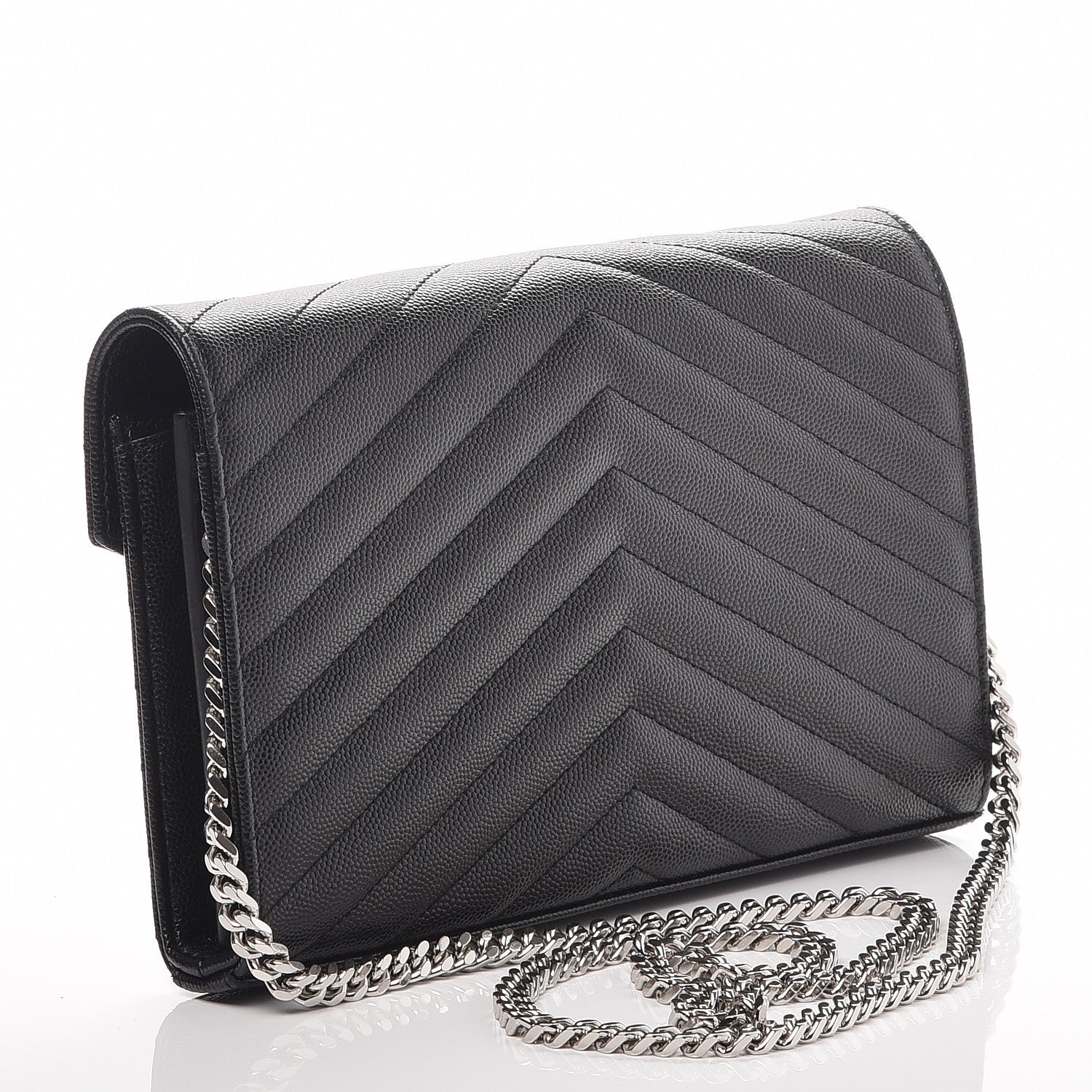 Saint Laurent Grain De Poudre Matelasse Chevron Monogram Chain Wallet Black 3 of 8