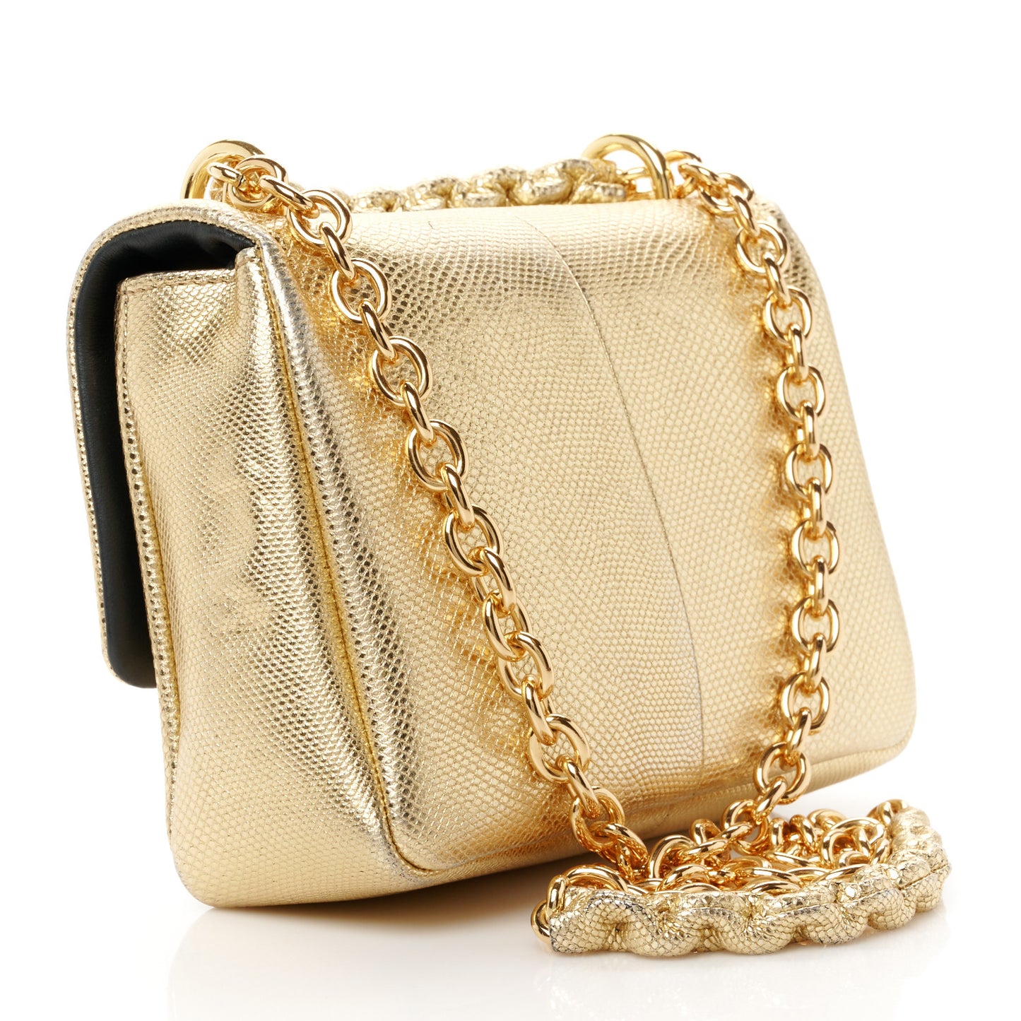 Metallic Lizard Calfskin Embossed Medium Natalia Chain Bag Gold