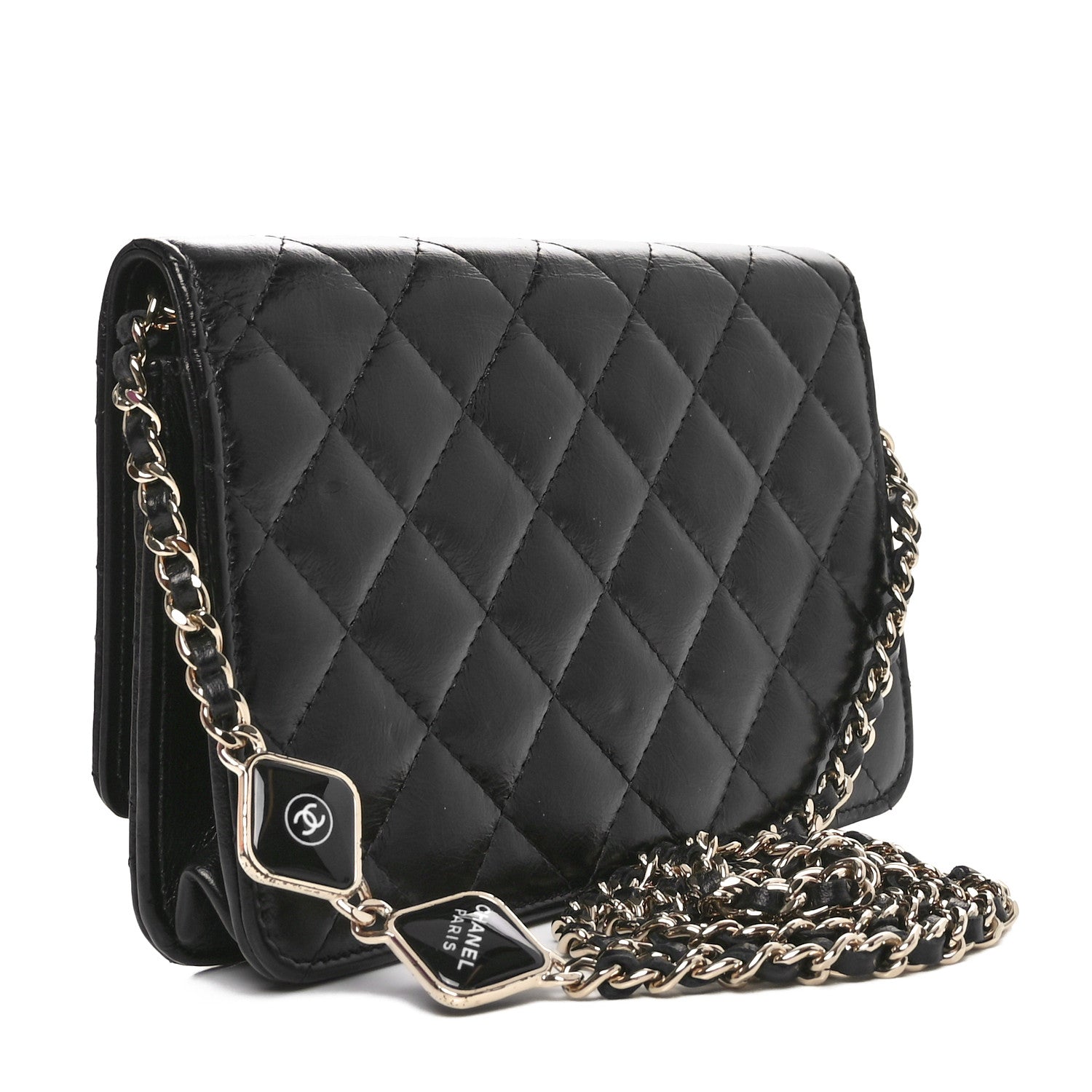 Chanel Shiny Aged Calfskin Enamel Logo Quilted Wallet On Chain WOC Black 2 of 10