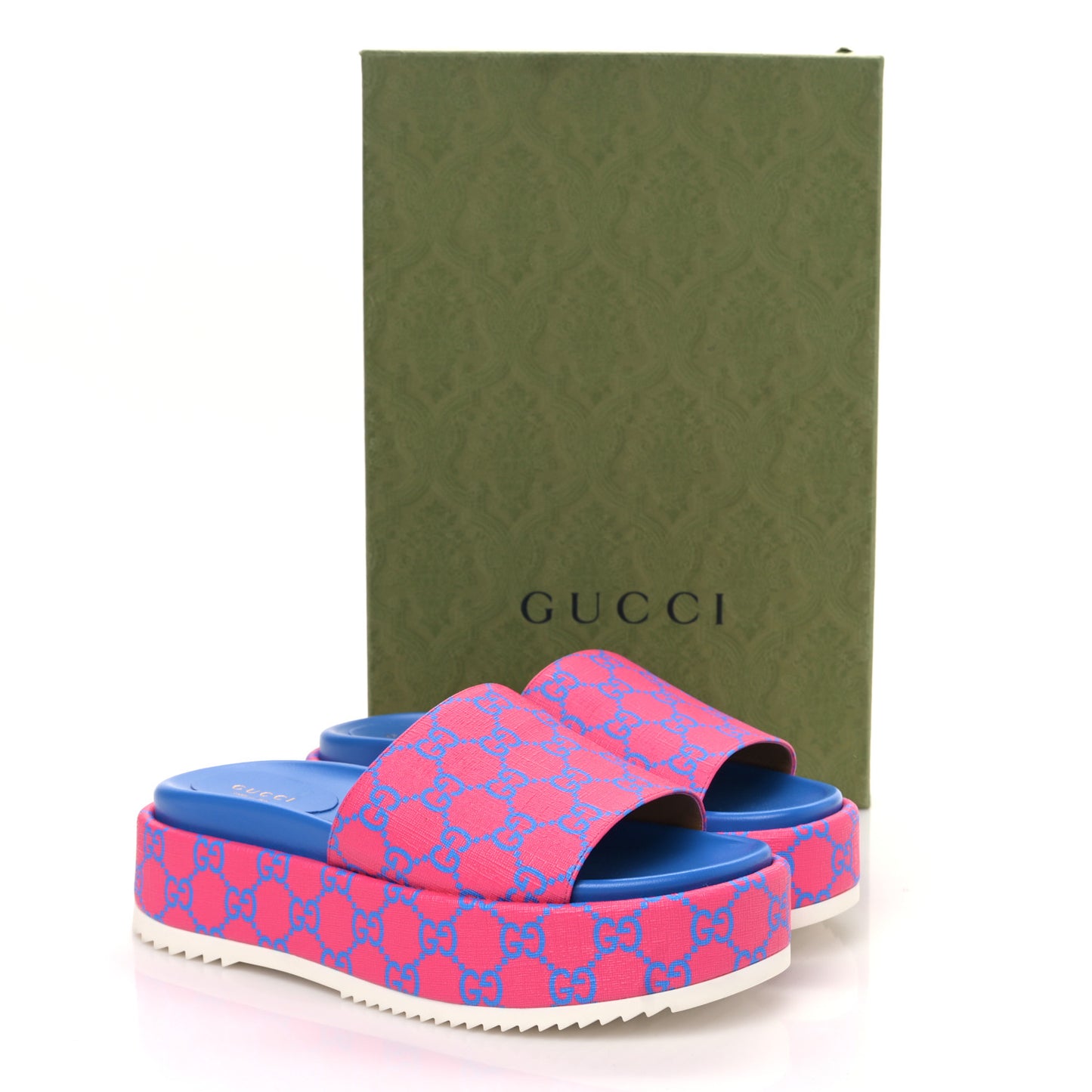GG Supreme Joy Monogram Angelina Platform Slide Sandals 38 Fuxia Blue