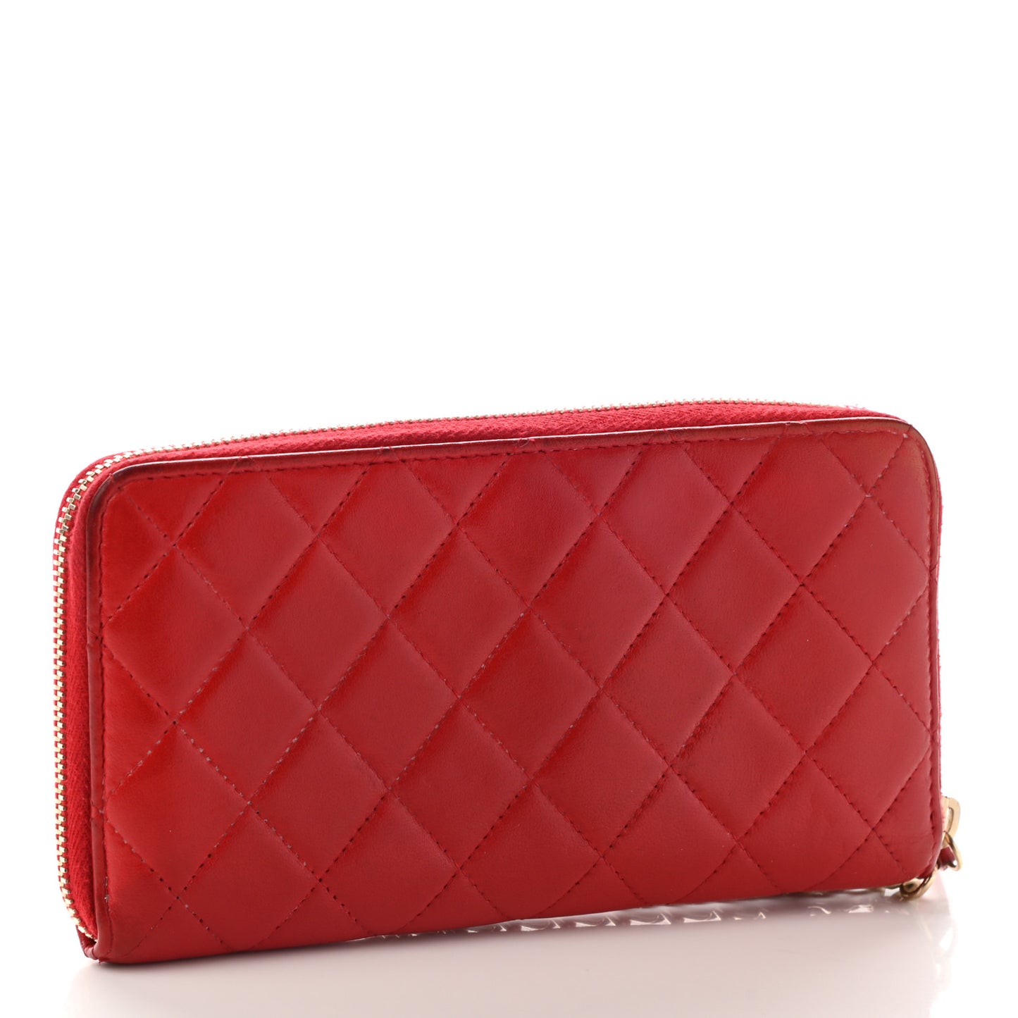 Lambskin Quilted Camellia Zip Around Wristlet Wallet Red