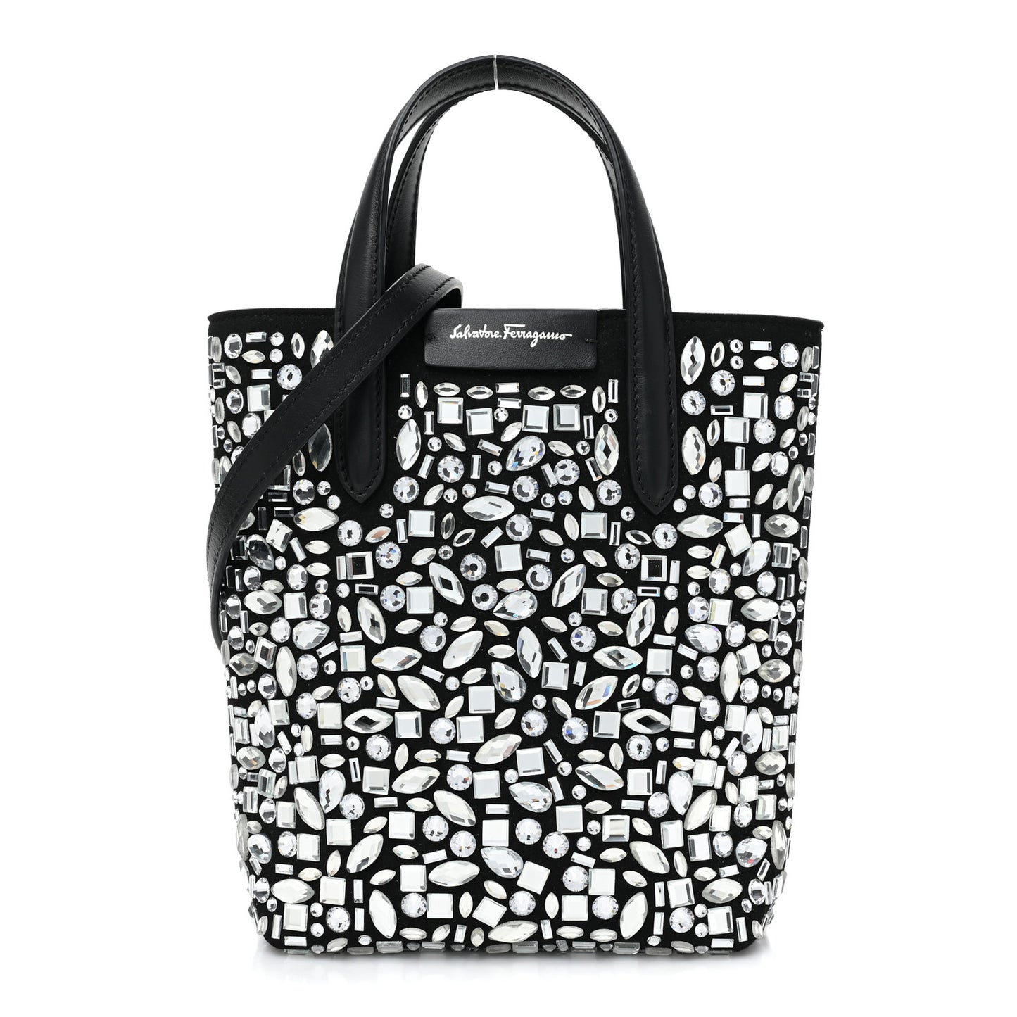 Suede Crystal Mosaic Top Handle Hobo Black