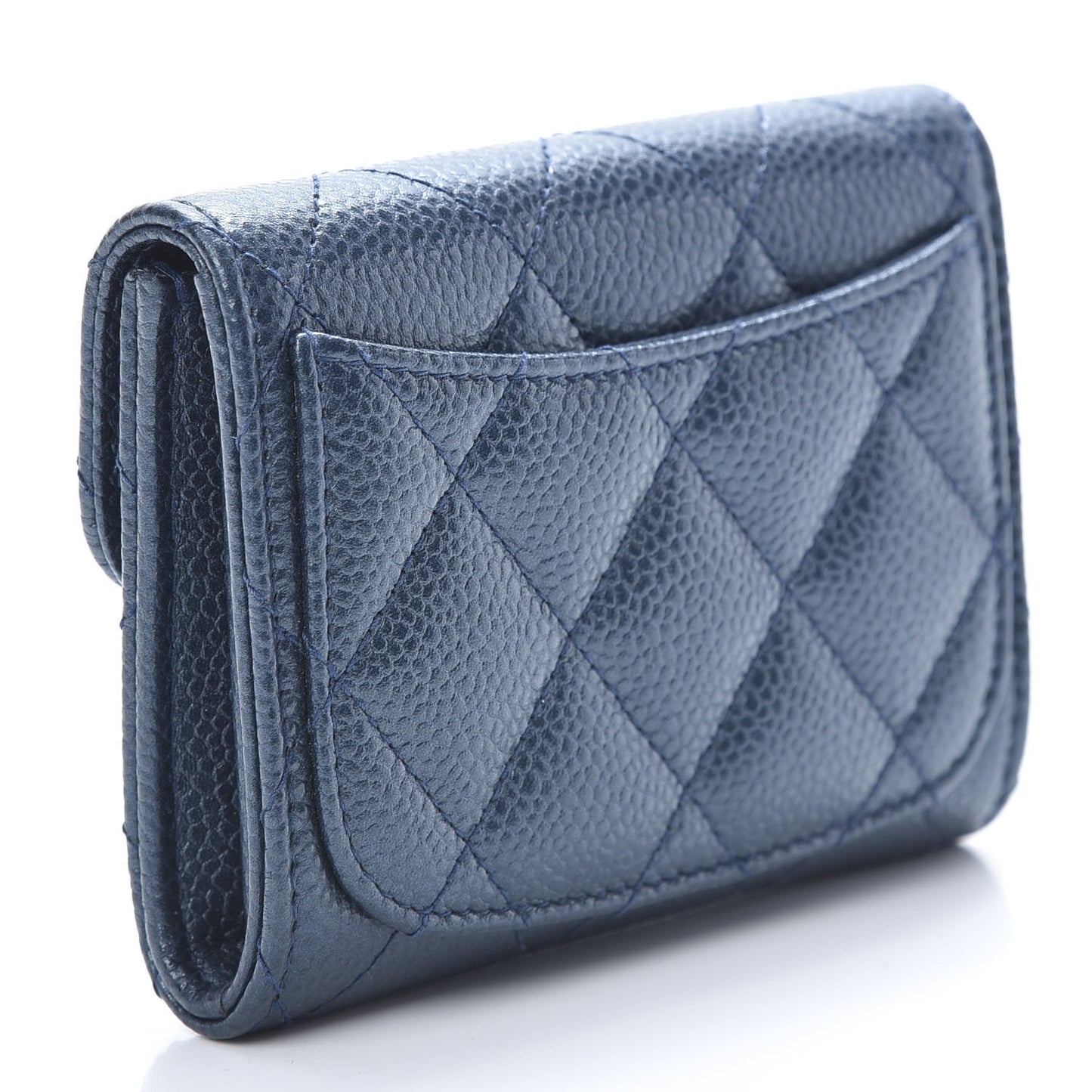 Metallic Caviar Quilted Flap Card Holder Wallet Dark Blue