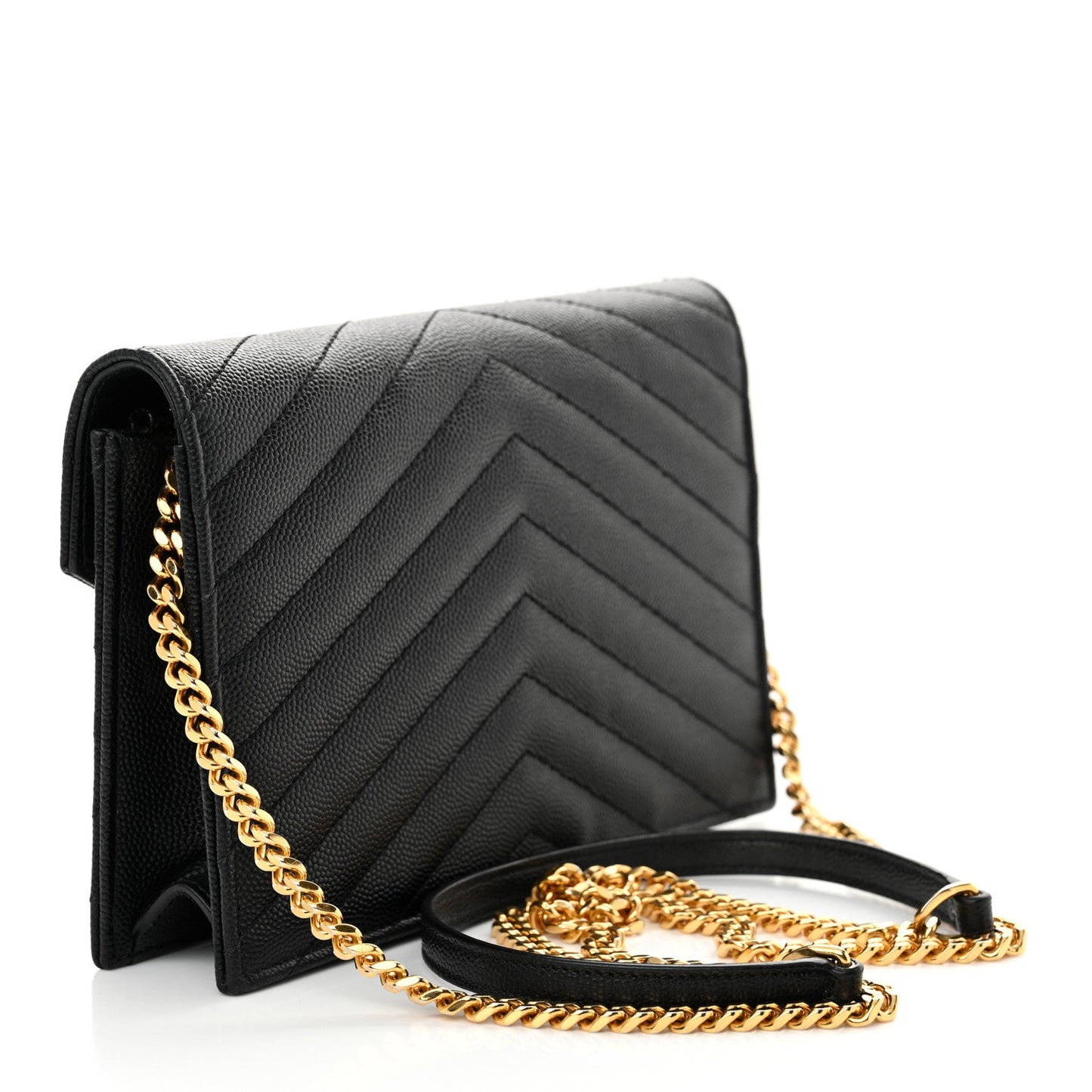 Grain De Poudre Matelasse Chevron Monogram Envelope Chain Wallet Black