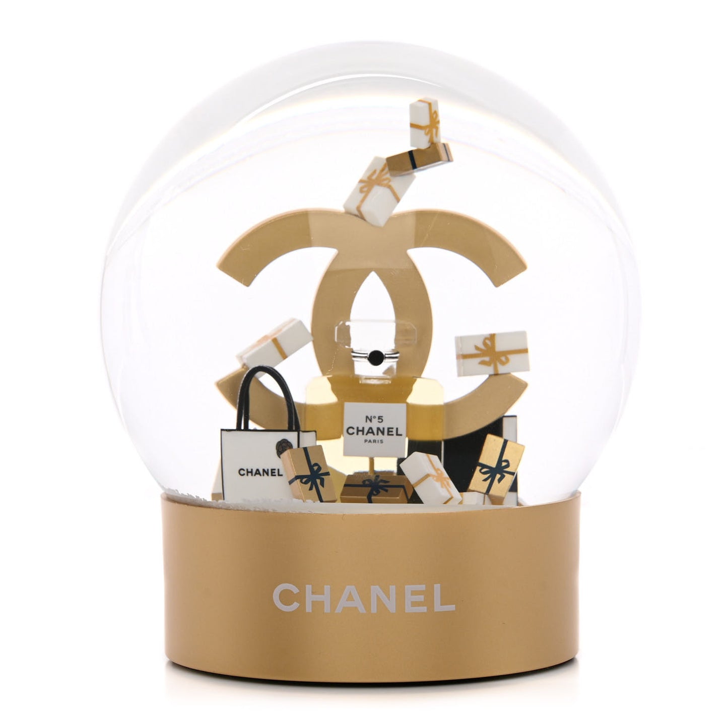 Glass CC Shopping Bag Snow Globe Gold