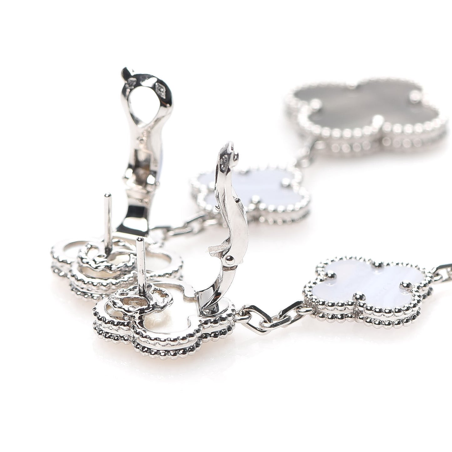 18K White Gold Mother of Pearl Chalcedony 3 Motifs Magic Alhambra Earrings