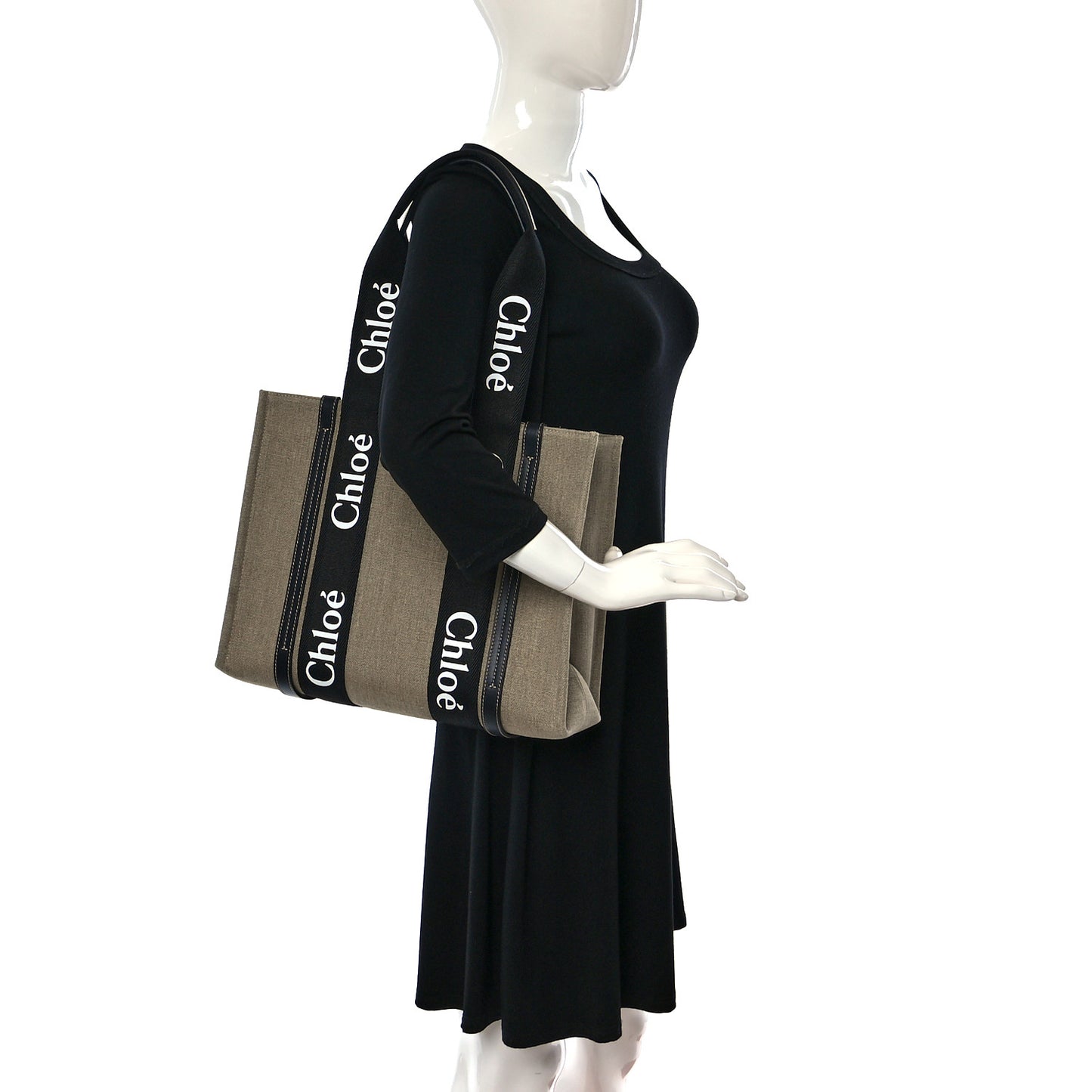 Linen Calfskin Medium Woody Ribbon Tote Black Blue