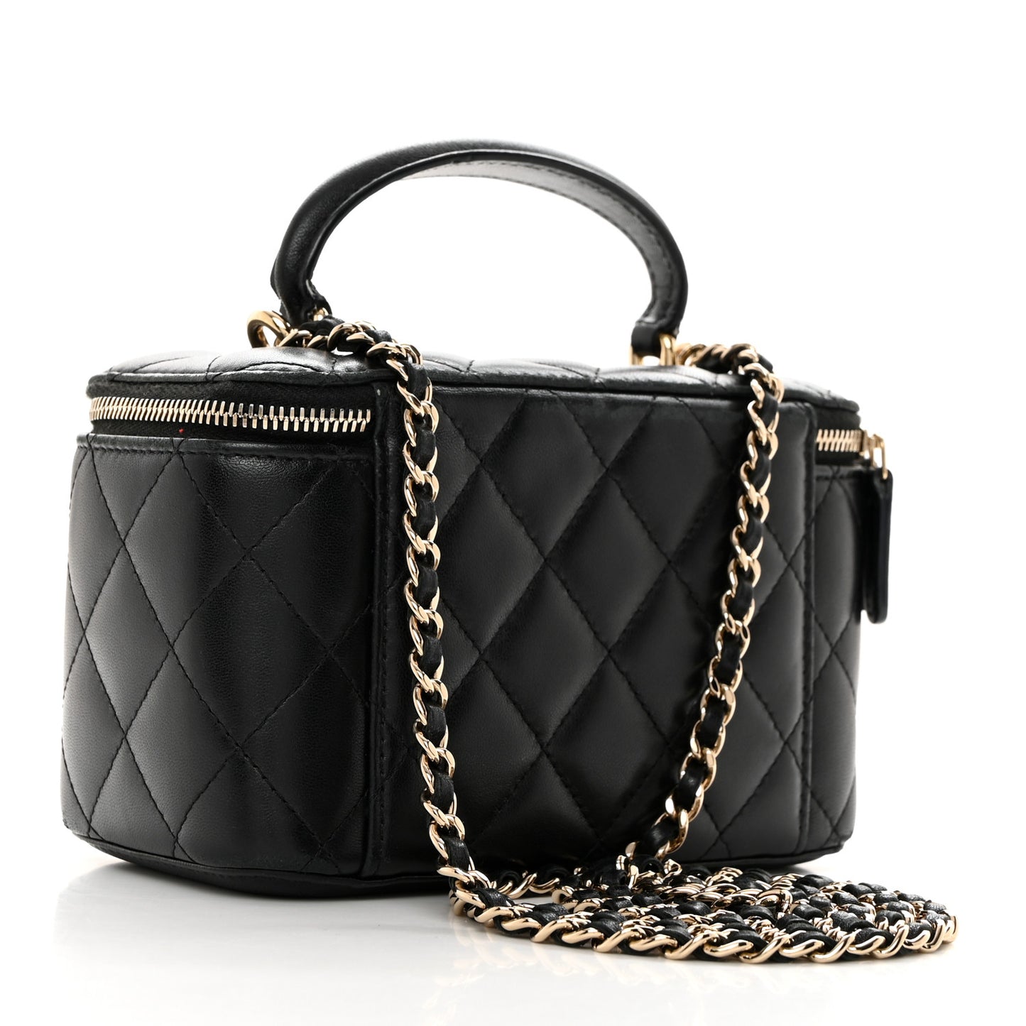 Lambskin Quilted Small Top Handle Vanity Case With Chain Black