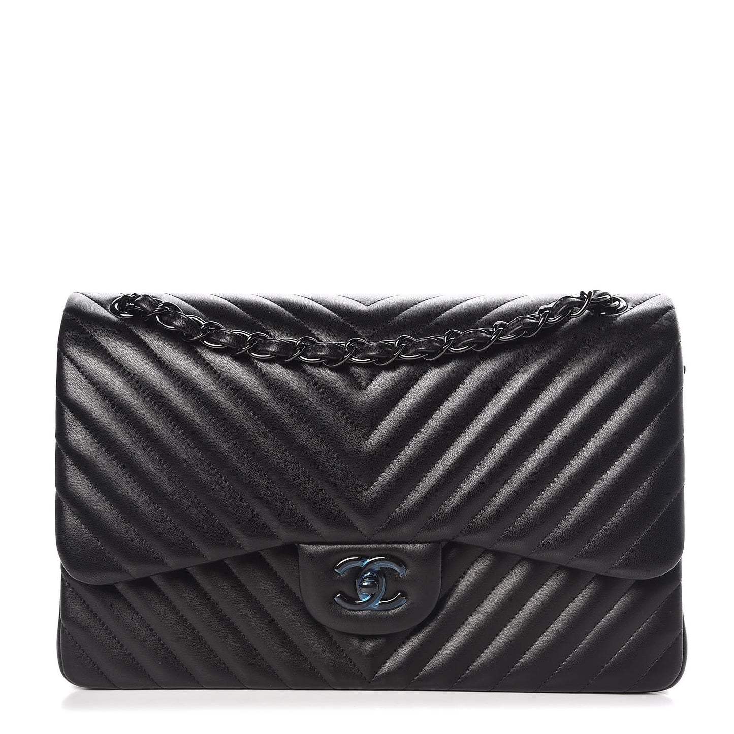 Lambskin Chevron Quilted Jumbo Double Flap So Black