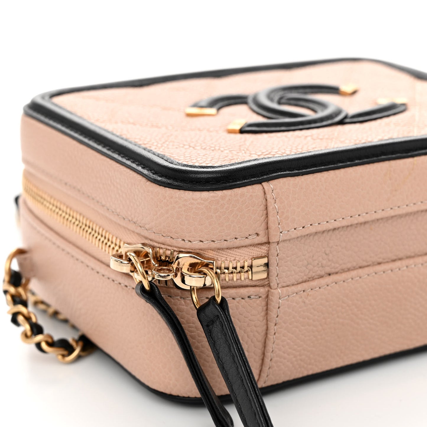 Caviar Quilted Small CC Filigree Vanity Case Beige Black