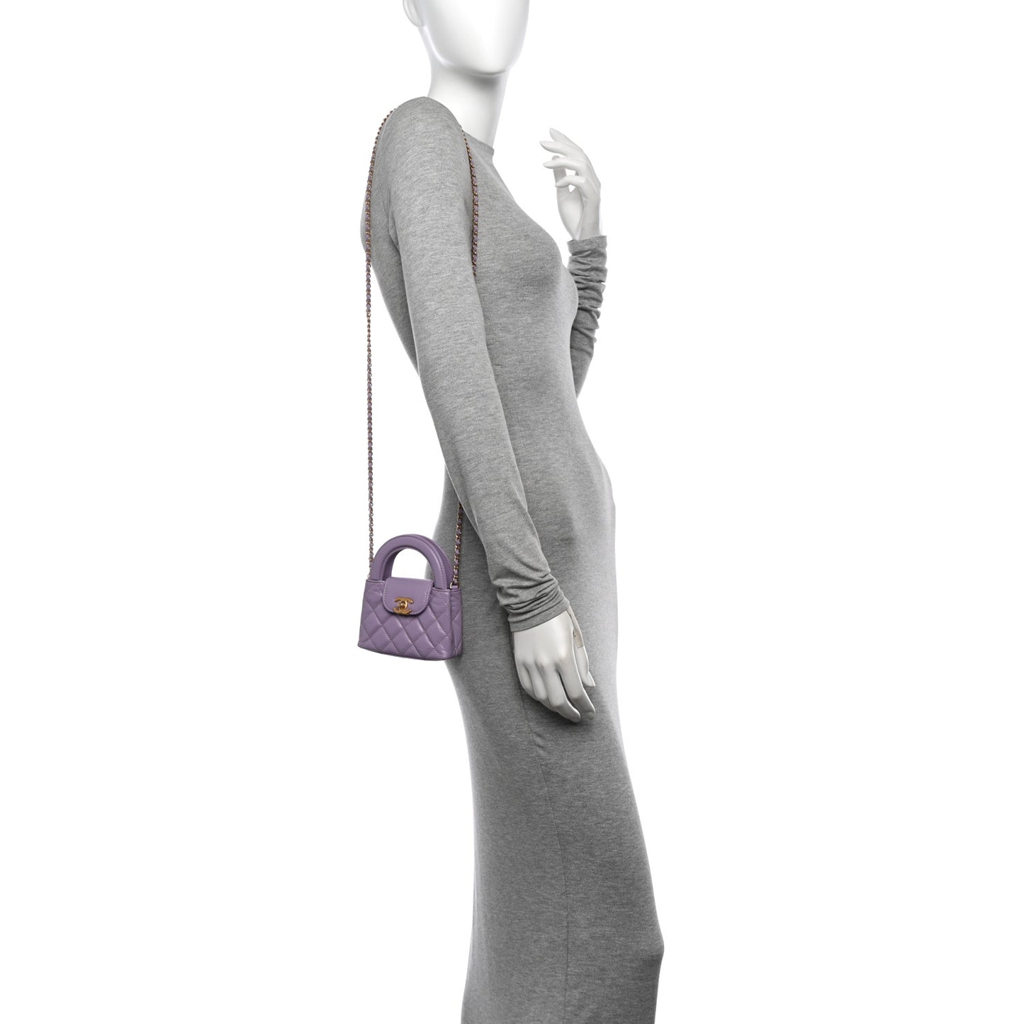 Shiny Aged Calfskin Quilted Mini Nano Kelly Shopper Lilac