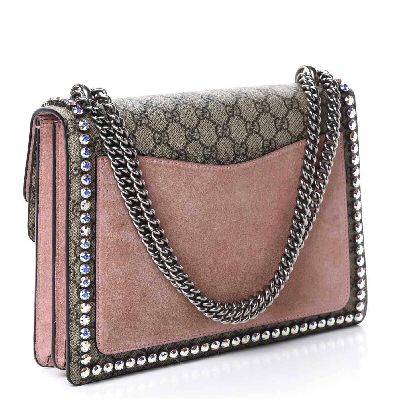 GG Supreme Monogram Suede Crystal Medium Dionysus Shoulder Bag Beige Ebony Light Peonia