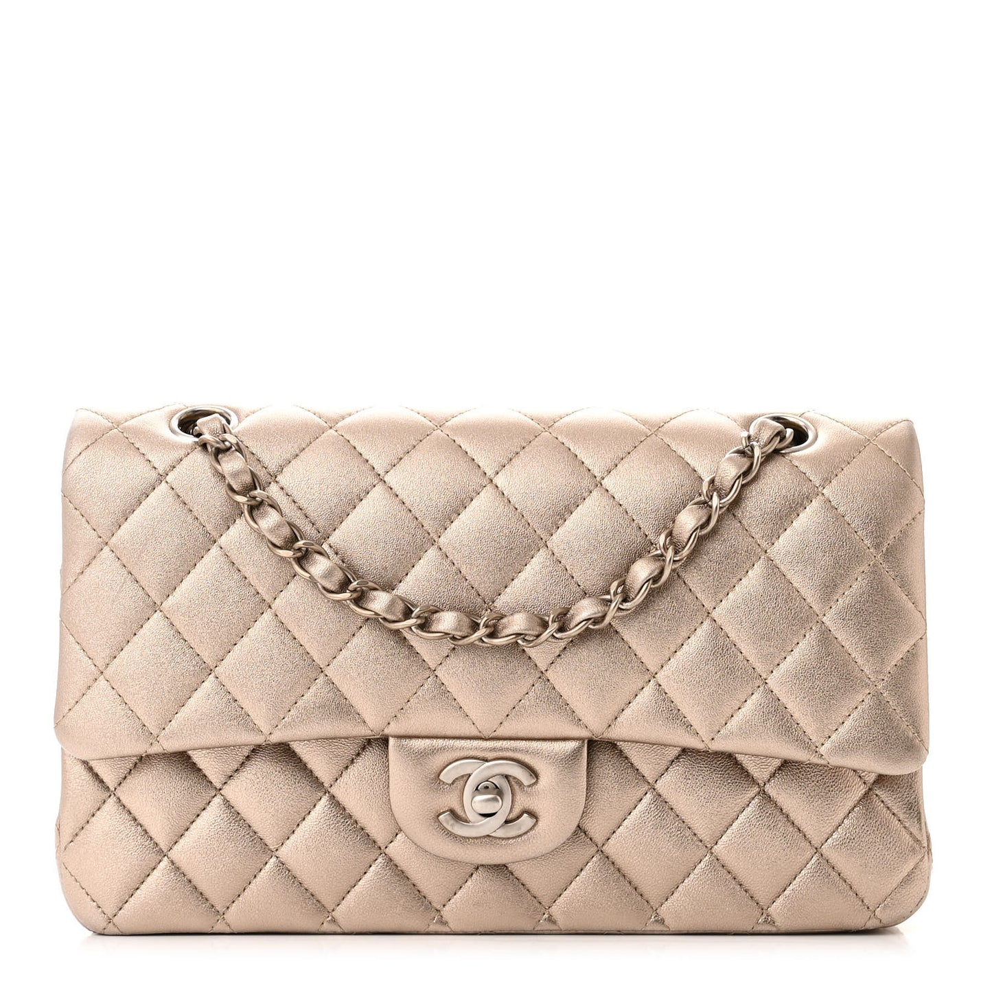 Metallic Calfskin Quilted Medium Double Flap Khaki