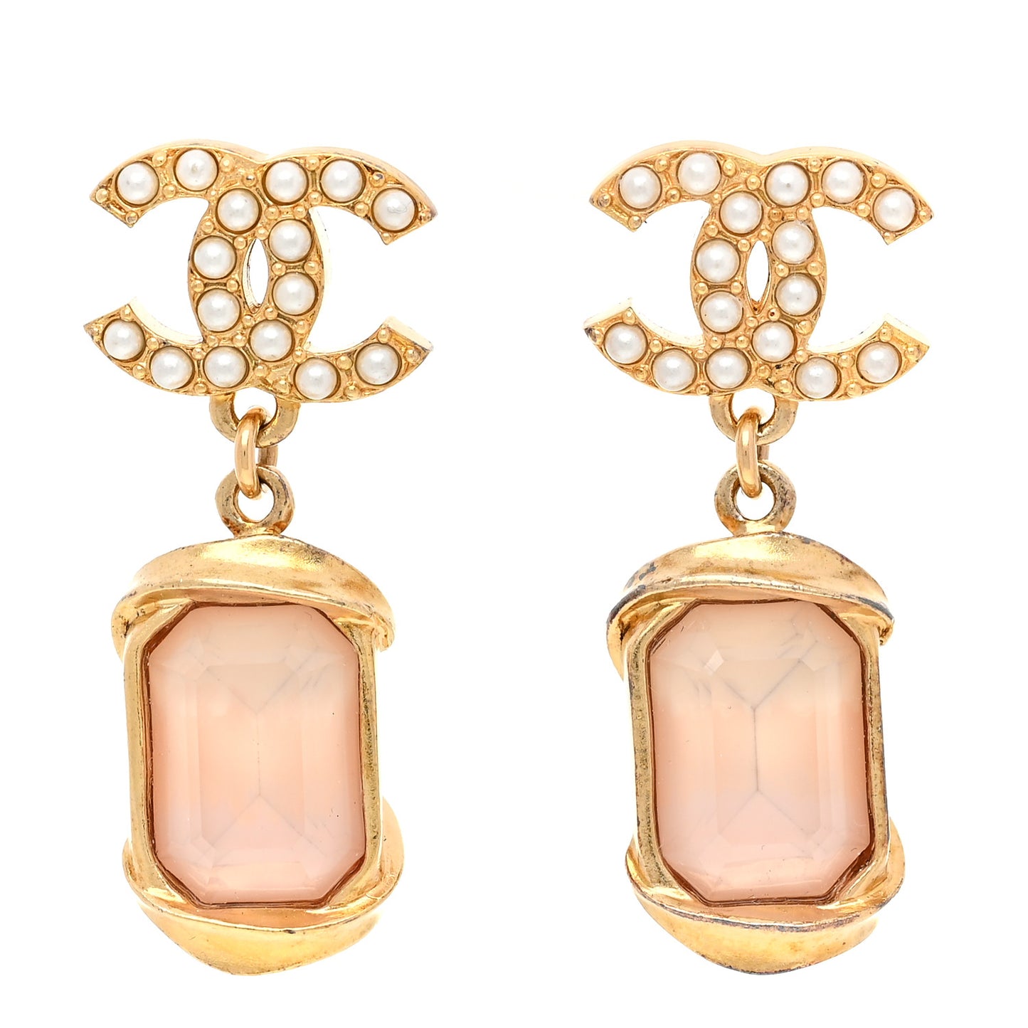 Crystal Pearl CC Drop Earrings Gold White