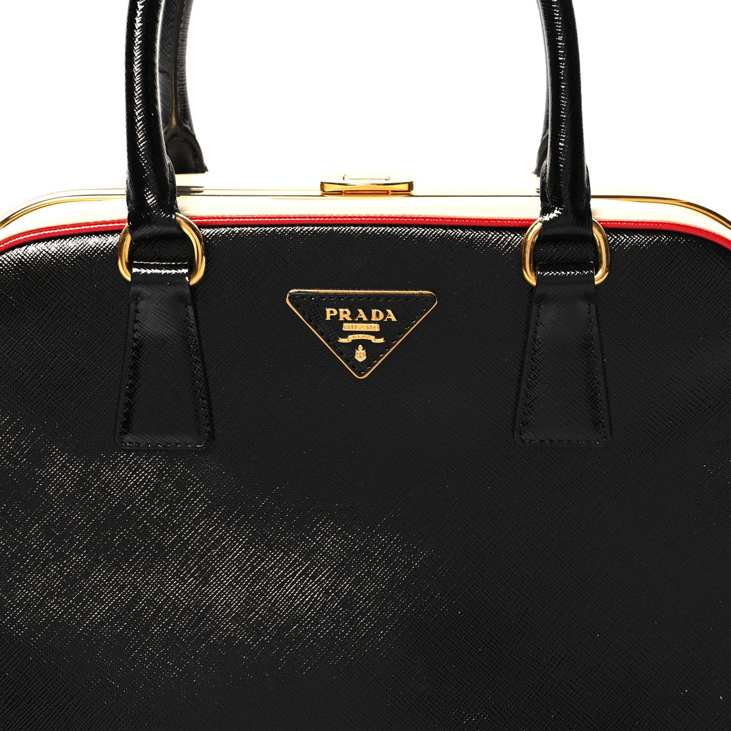Saffiano Vernice Pyramid Bag Black White Rosso