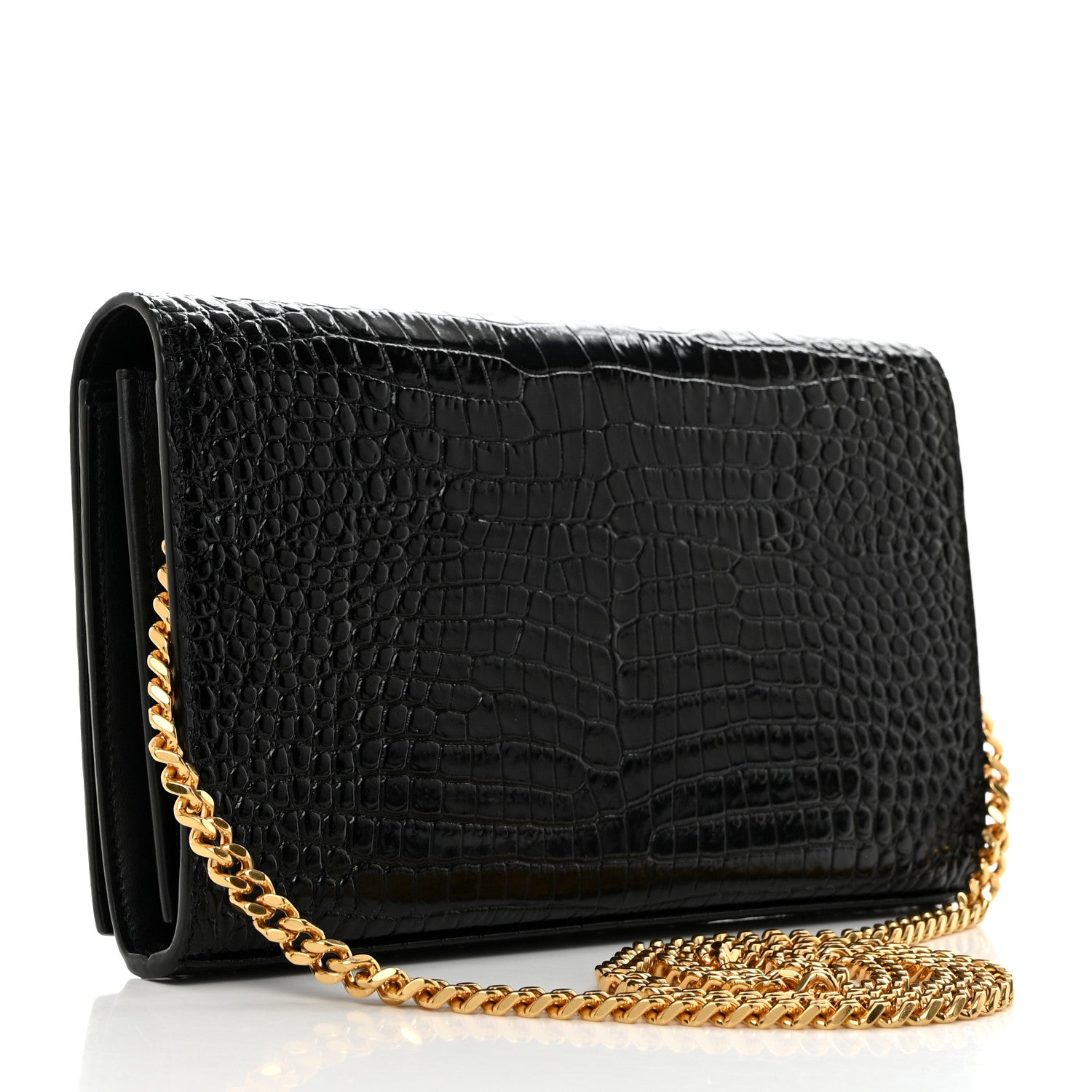 Saint Laurent Calfskin Crocodile Embossed Cassandre Wallet On Chain WOC Black 2 of 11