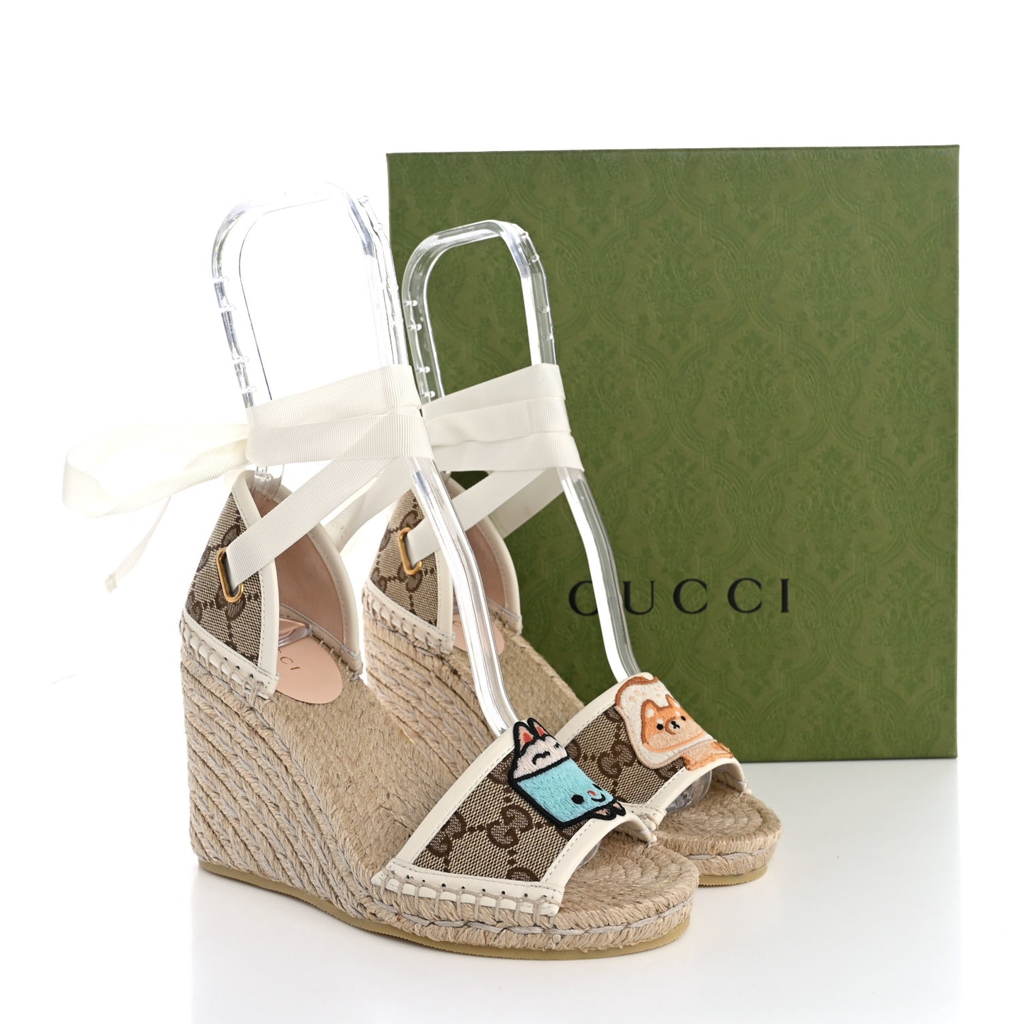 Monogram Patches Ankle Wrap Platform 35/120mm Espadrille Wedges 35 Beige White