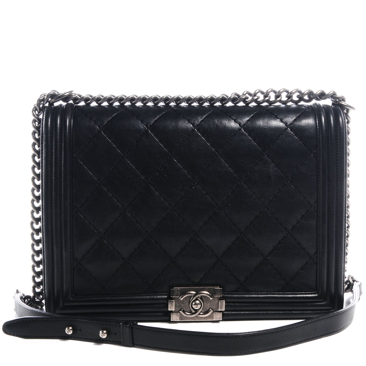 Calfskin Quilted Large Boy Flap Black