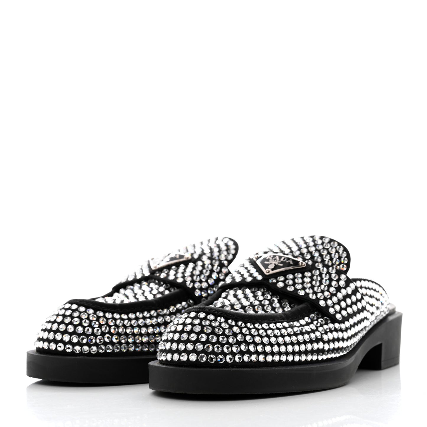 Satin Crystal Metal Triangle Logo 40mm Loafer Mules 38.5 Cristal
