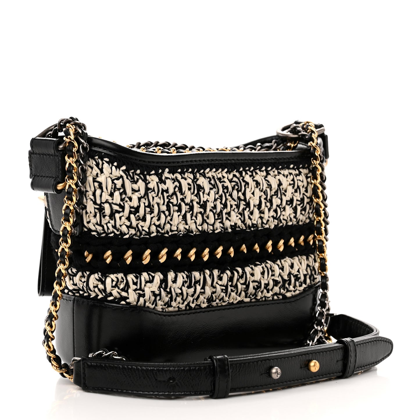 Cotton Raffia Calfskin Small Gabrielle Hobo Black White