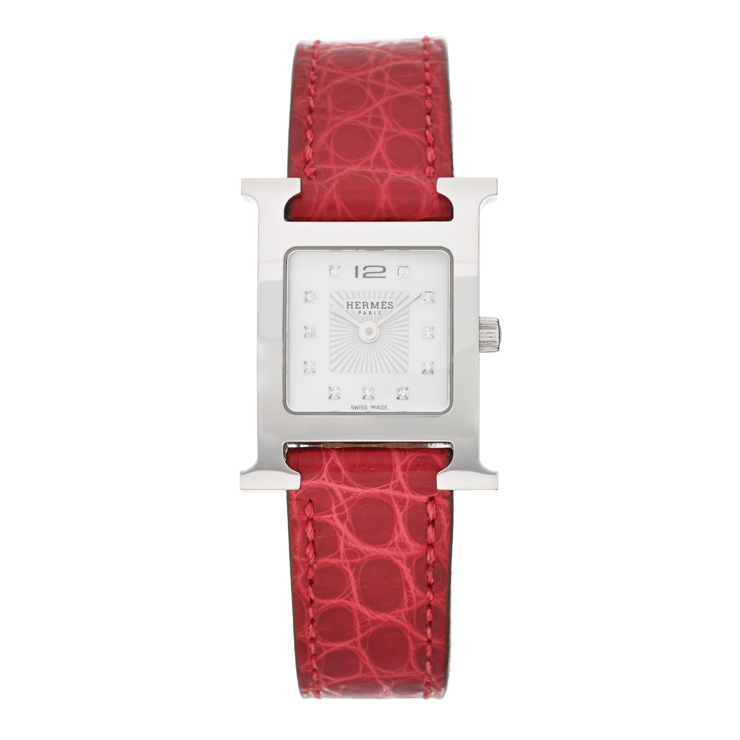 Stainless Steel Alligator Diamond Mother of Pearl 21mm Heure H Hour Quartz Watch Framboise