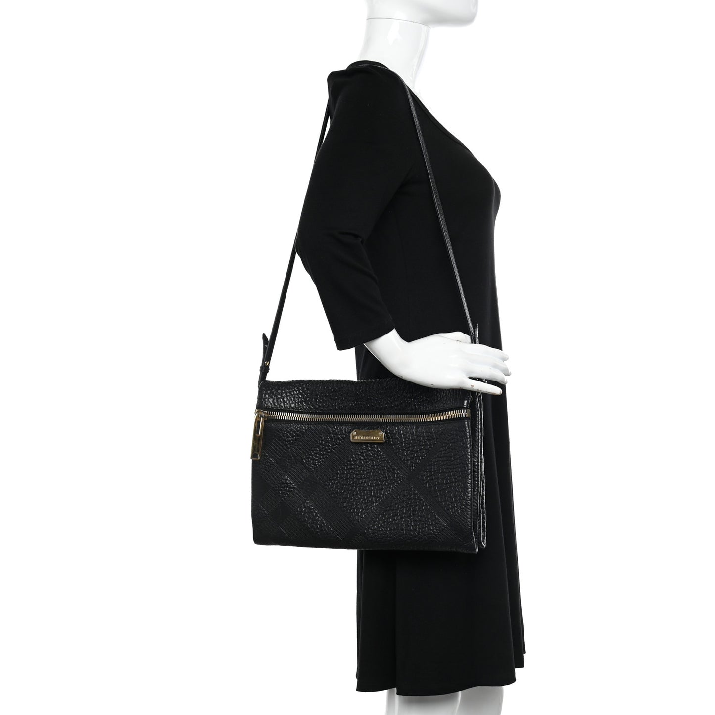 Signature Grain Calfskin Check Embossed Medium Balmoral Clutch Bag Black