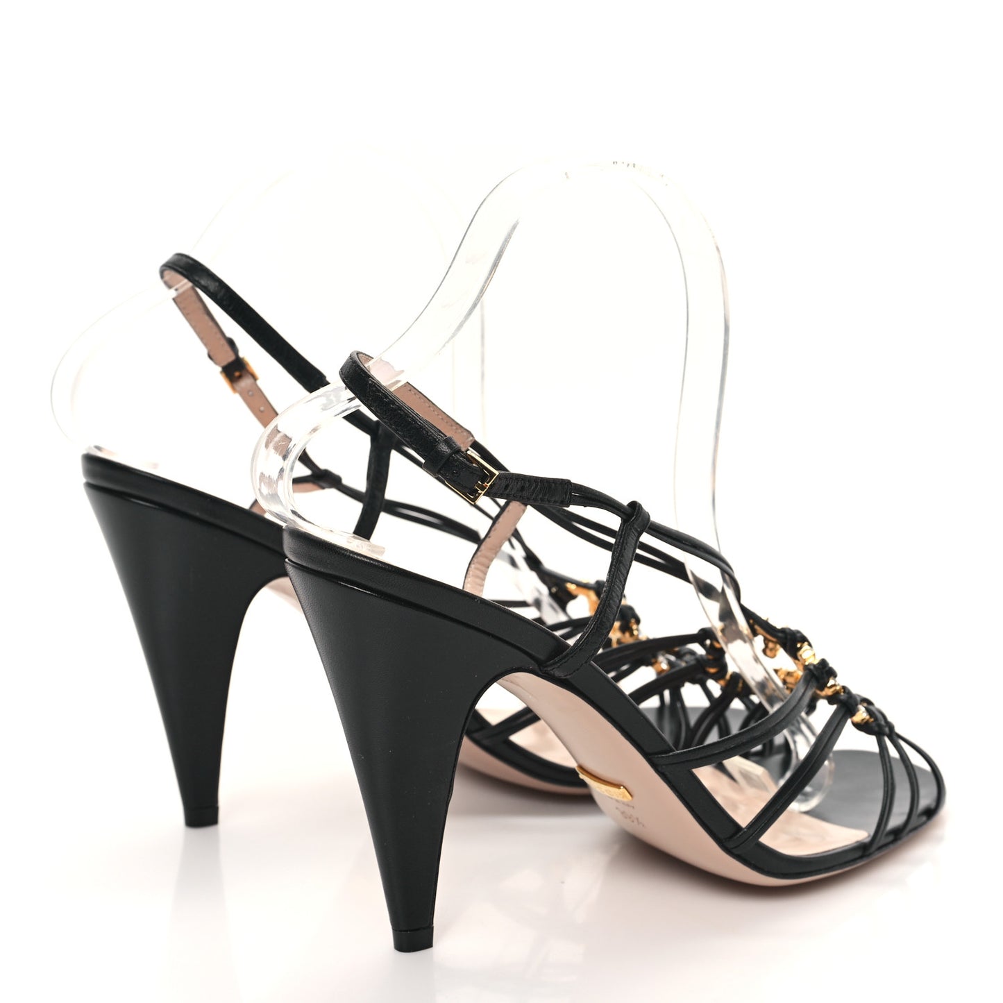 Calfskin Crystal GG Isa Ankle Strap Mid Heel Sandals 39.5 Black