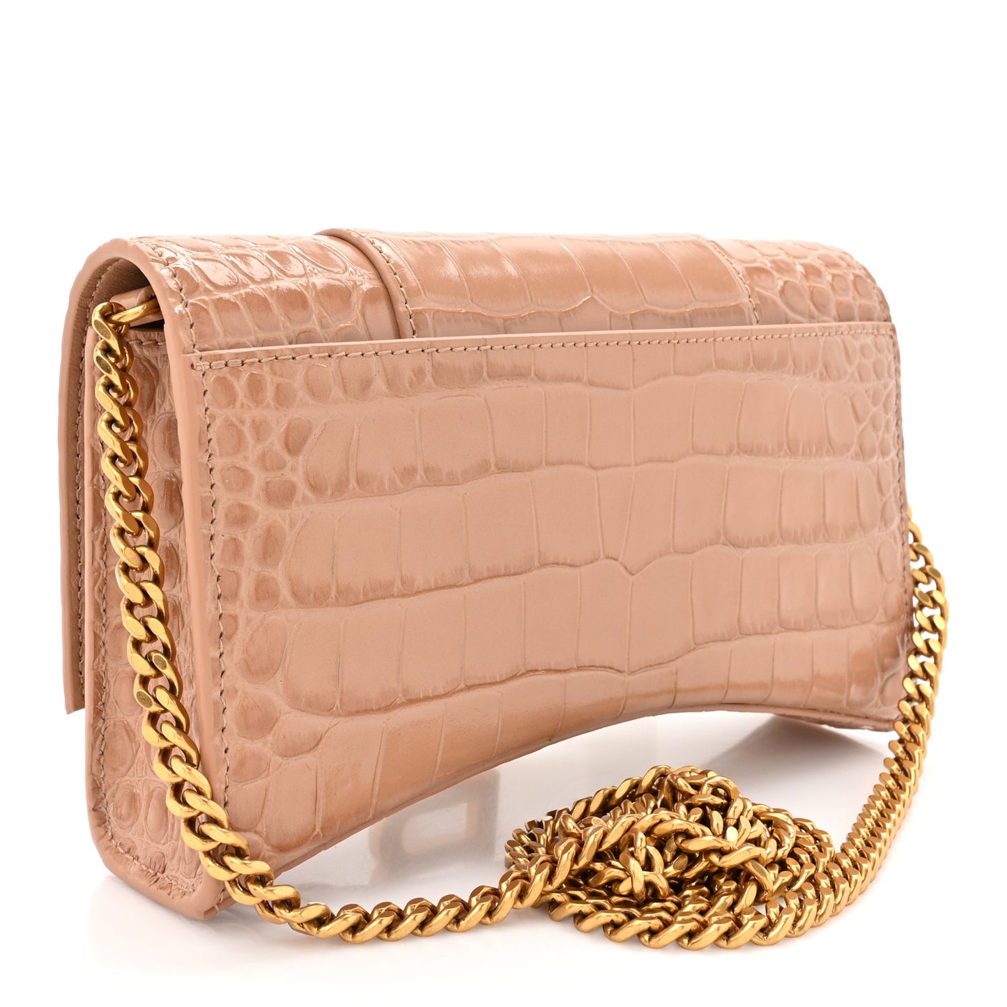 Shiny Calfskin Crocodile Embossed Hourglass Chain Bag Nude Beige