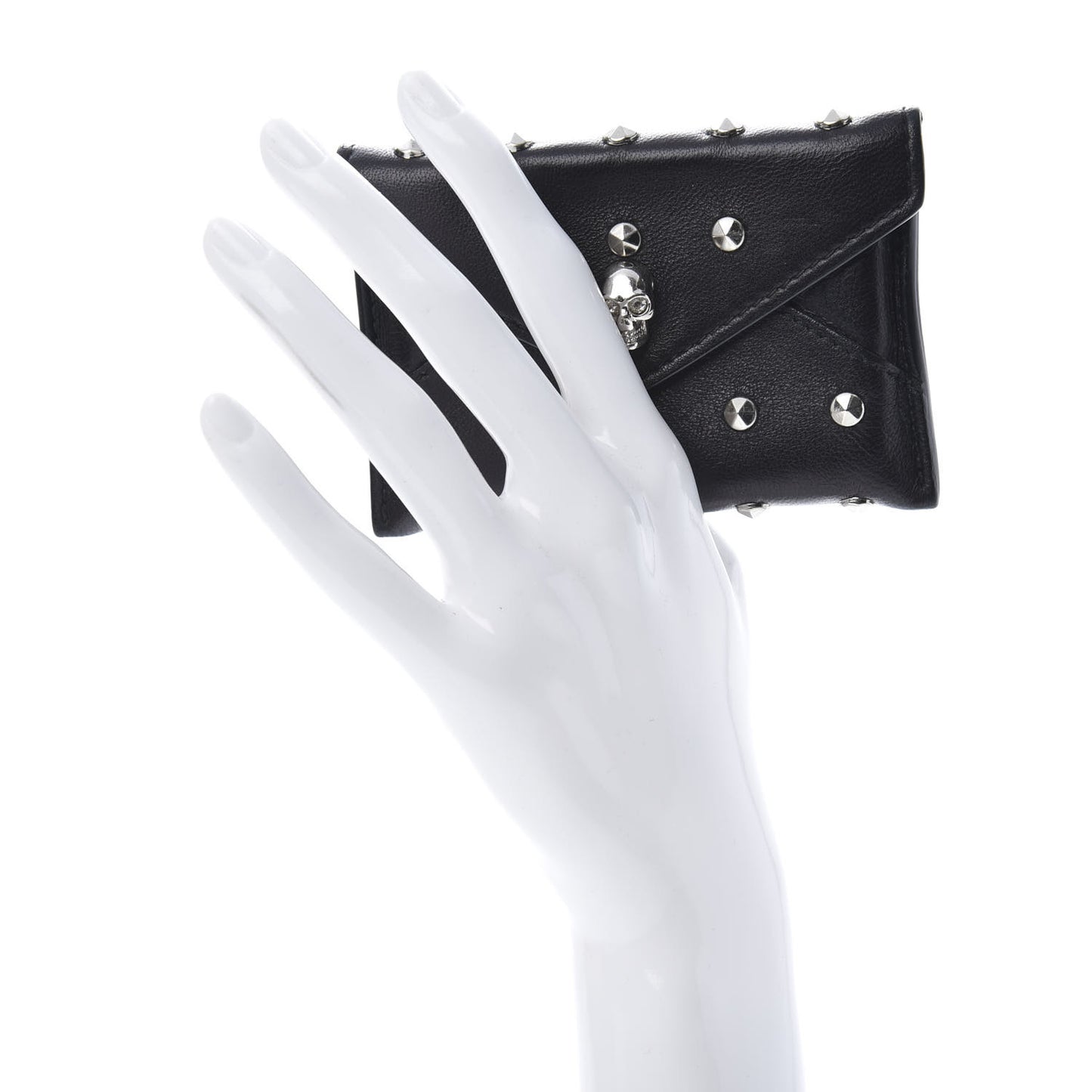Calfskin Studded Skull Envelope Card Holder Black