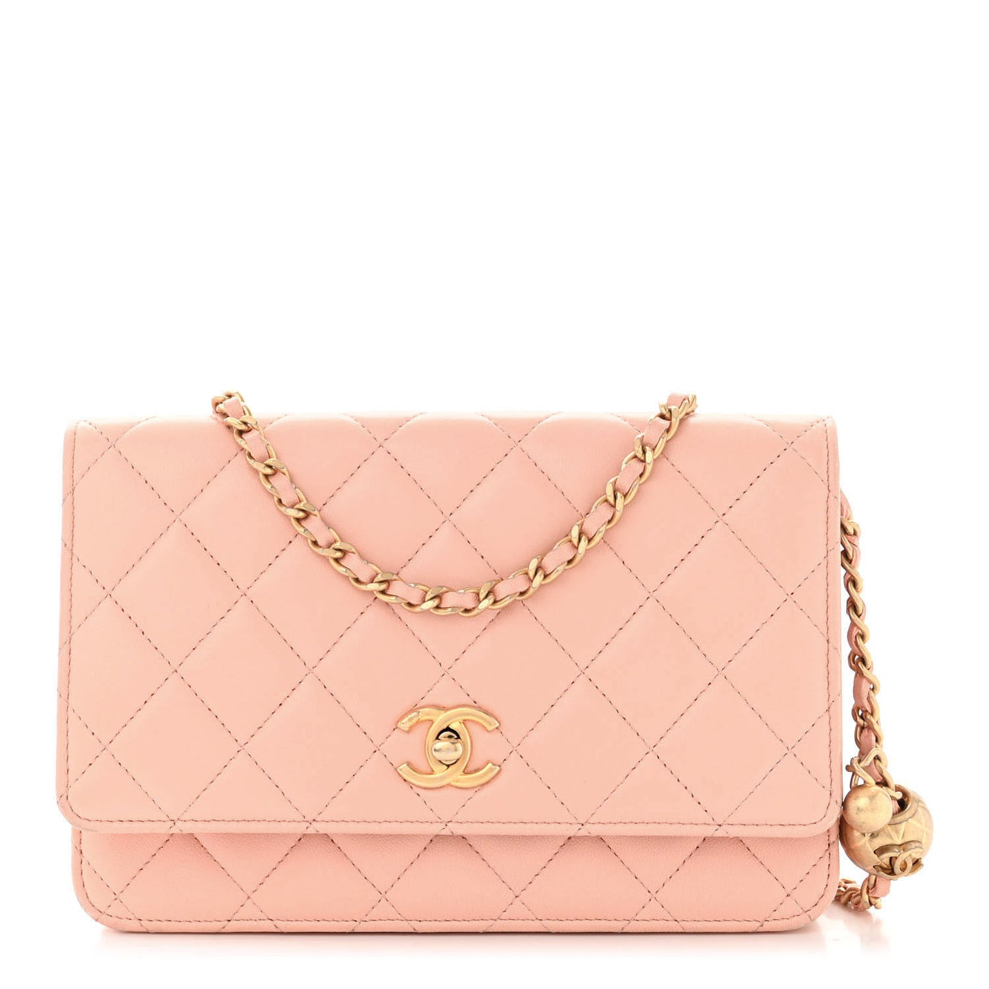 Lambskin Quilted Pearl Crush Wallet on Chain WOC Light Orange