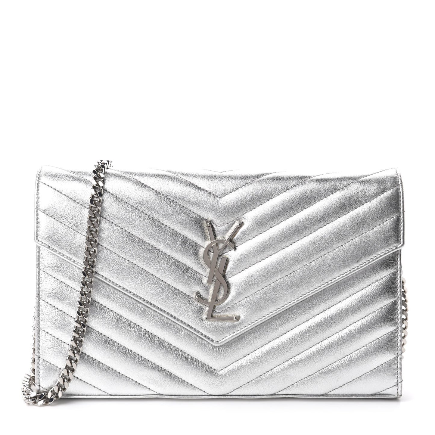 Metallic Lambskin Matelasse Chevron Monogram Chain Wallet Argento