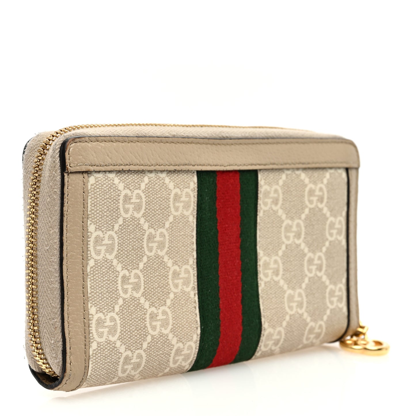 GG Supreme Monogram Textured Dollar Calfskin Web Ophidia Zip Around Wallet Beige Mystic White Oatmeal